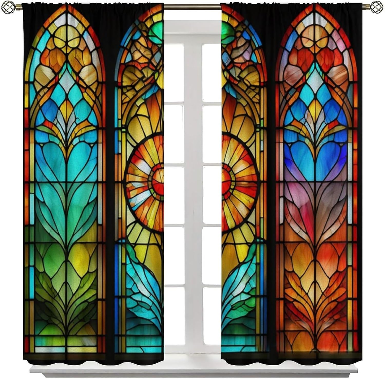 Fantasy Castle Glass Blackout Window Curtain, Colorful Stained Glass Window Abstract Stained-Glass Background for Home Kitchen Restaurant Decoration Window Curtain 2Panel 42" W X 63" L