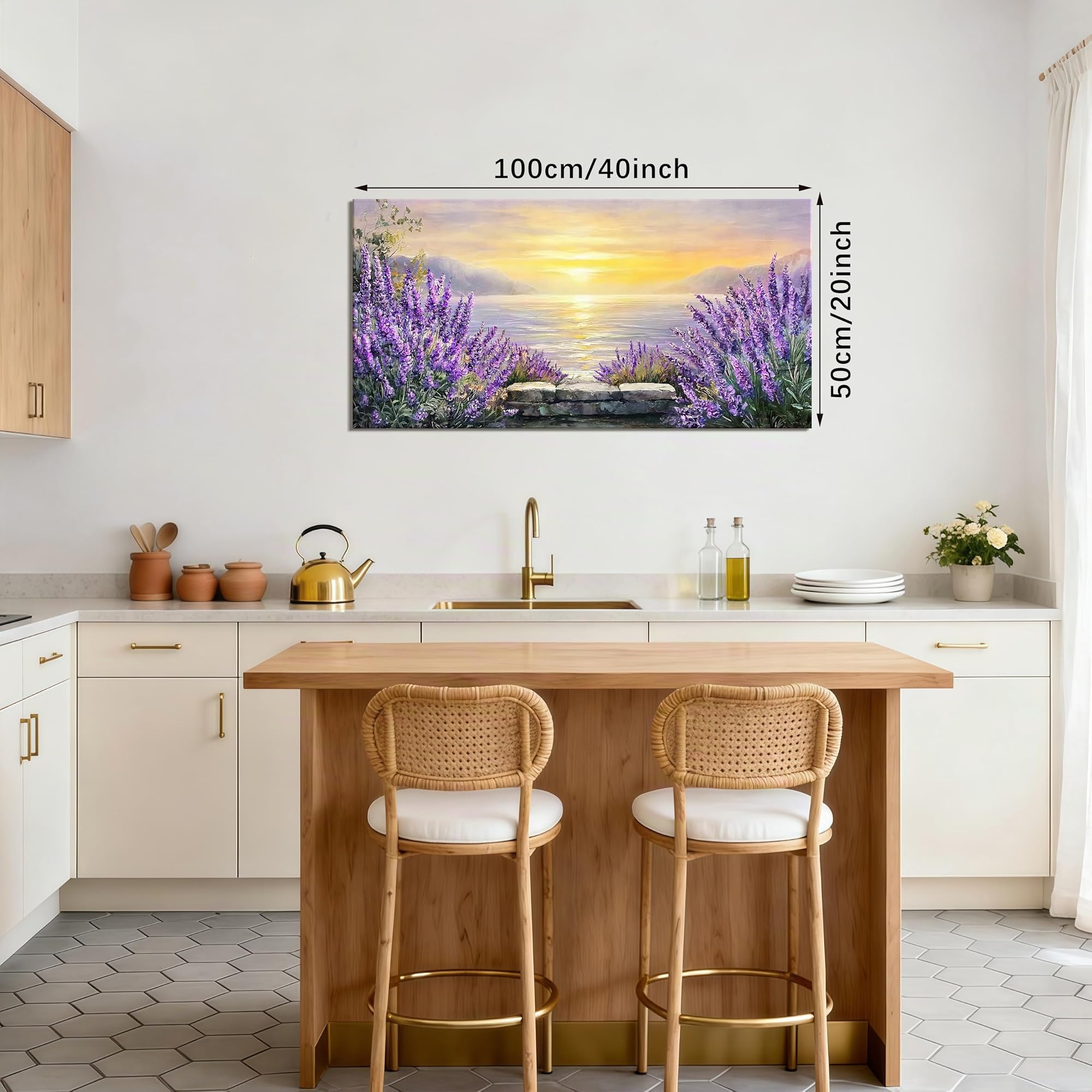 Grandes Dorado Lago Montaña Paisaje Cuadros Decoracion Salon Con Marco Morado Lavanda Campos Cuadros y Láminas Romántico Puesta Sol Paisaje Pintura Lienzos Decorativos para Salon Dormitorios 50X100cm