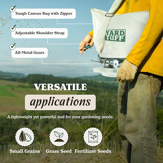 Yard Tuff Outdoor Lawn Garden 25 Pounds Shoulder Seeder and Grass Seed Spreader with Canvas Bag and Shoulder Strap, Green/White