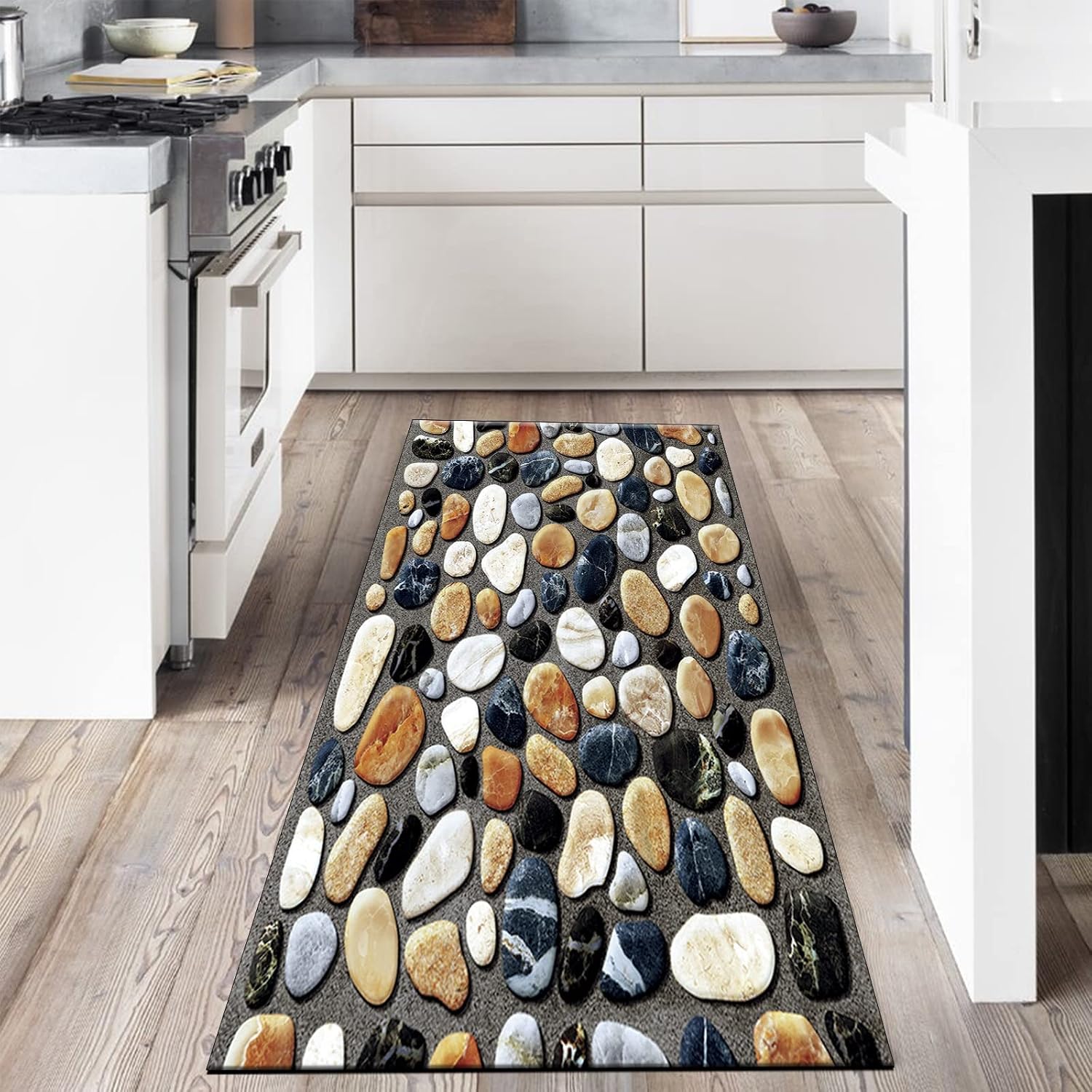 Hallway Runner Rug Non Slip 4'x25' Modern Colored Seaside Stones and Pebbles Soft Runner Rugs with Rubber Backing for Bedroom