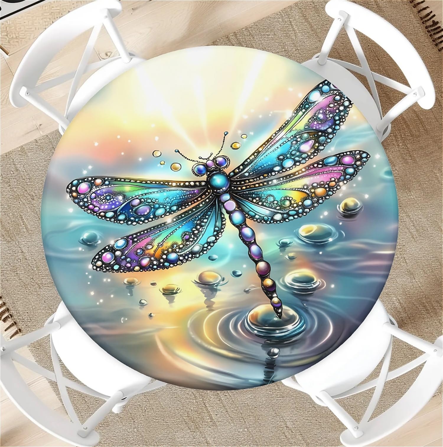 artslion Outdoor Round Tablecloth with Elastic Band 44In (110Cm) Elastic Garden Table Cover Wipe Clean with Diamond dragonfly