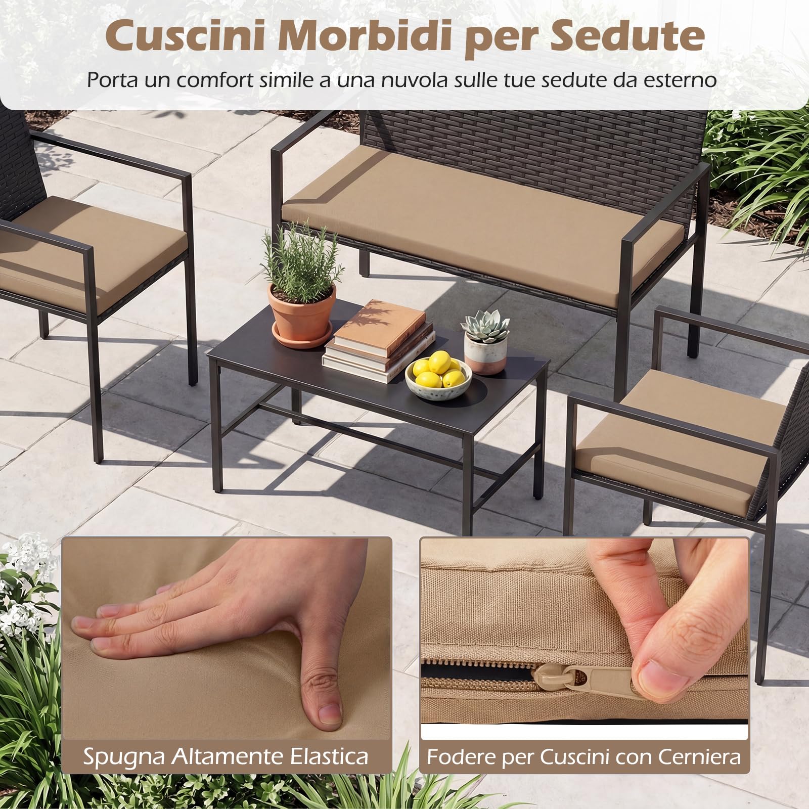COSTWAY Set di Salotto da Giardino a 4 Pezzi, Poltrone e Divano per Esterno in Rattan con Tavolino da Caffè in Vetro Temperato e Cuscini Morbidi, Set di Conversazione per Cortile e Balcone (Giallo)