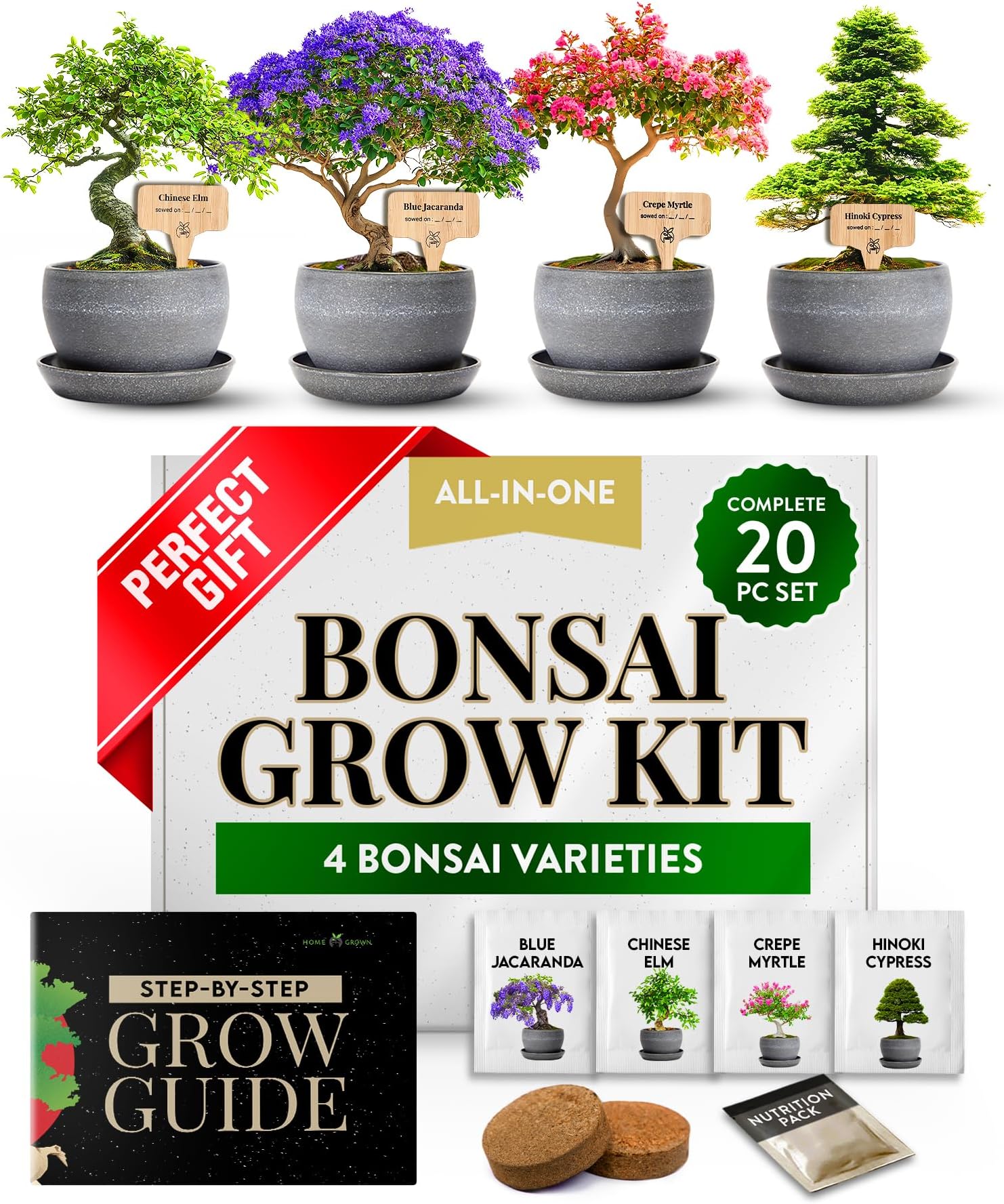 HOME GROWN Bonsai Tree Kit โ Grow 4 Bonsai Types Indoors with Complete Starter Kit Including Pots Peat Pellets and Bonus Grow Guide โ Unique Gardening Gift for Men Women Beginners