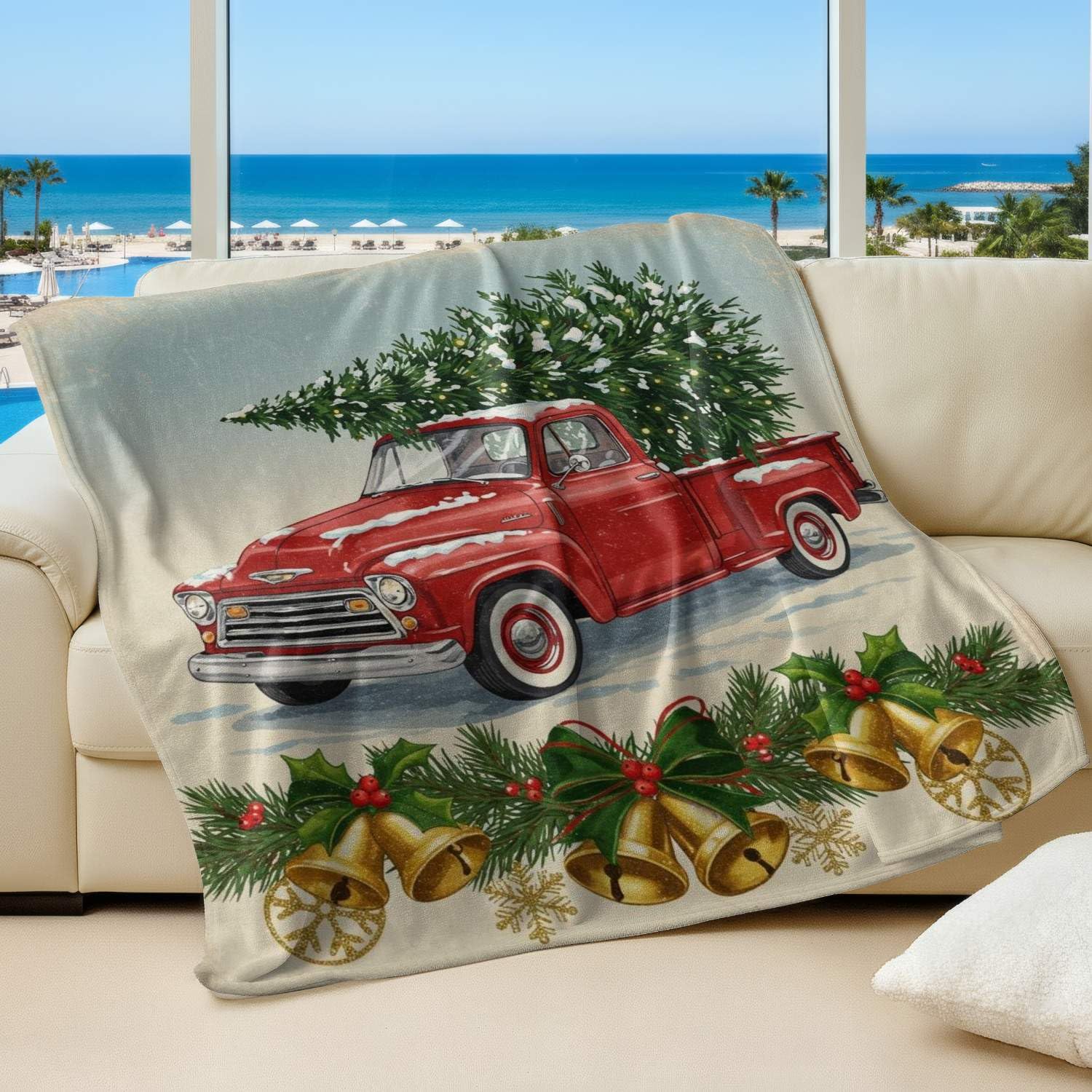 Couverture flanelle camion rouge Noël contre le froid hivernal