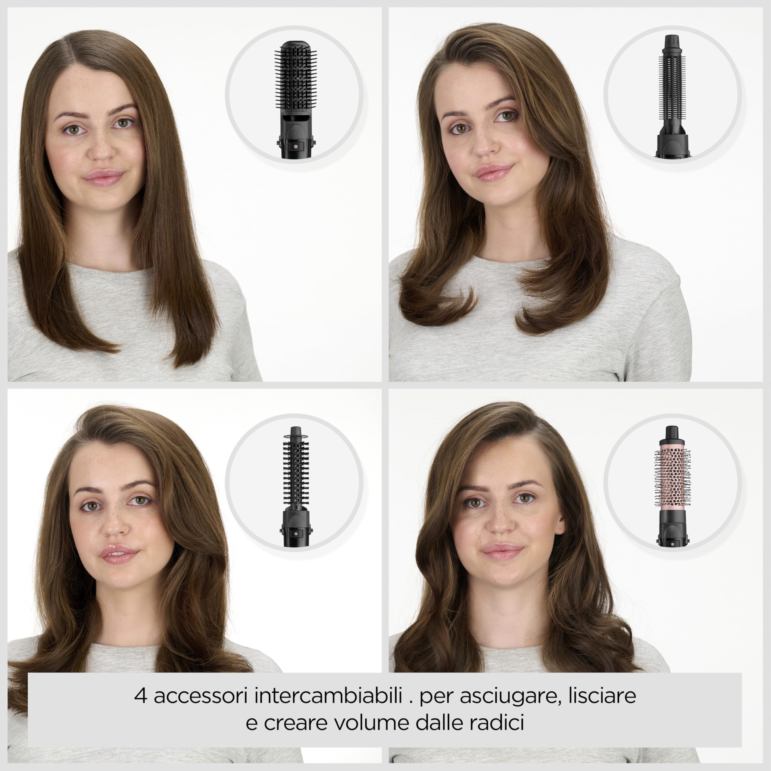 BaByliss Smooth Finish 1200 – Spazzola ad Aria Calda 4‑in‑1 per Asciugare, Lisciare, Modellare e Dare Volume, Tecnologia Ionica & Ceramica, 4 Accessori, 1200W, Nero/Rosa, AS122E
