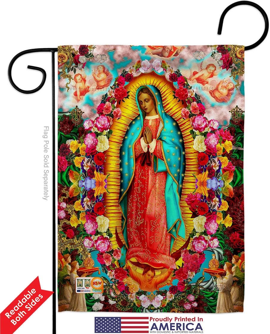Our Lady of Guadalupe Garden Flag Set Wall Holder Religious Faith Hope Grace Peace Dove Christian Religion Easter Small Decorative Gift Yard House Banner Double-Sided Made In USA 13 X 18.5