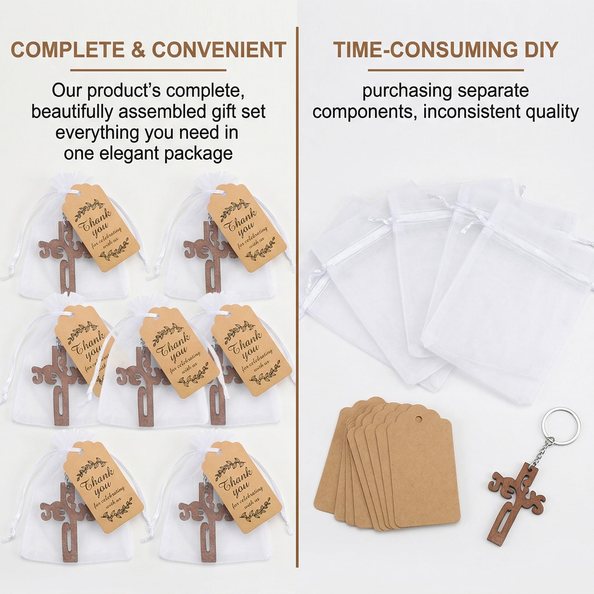 YUZNA 12 sacs + 12 cartes + 12 porte-clés croix Etiquette Baptême Motif Cadeau Invité Décoration pour Baptême avec Ruban