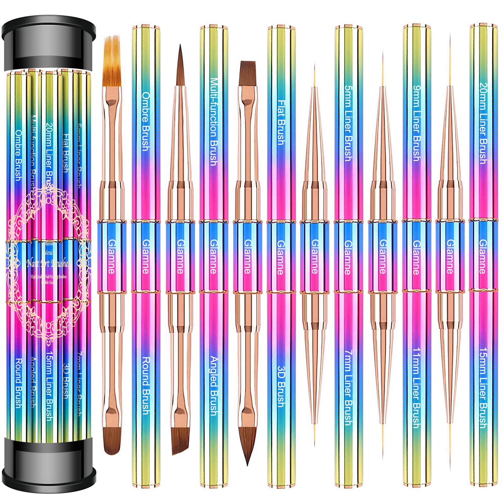 Glamne Nail Art Brushes Set Professional 6pcs Double Ended Long and Thin Liner brush for Nails Detail Painting, Nail Design Brush Ombre Brush 3D Brush Kits for Gel Polish Acrylic Nail Drawing