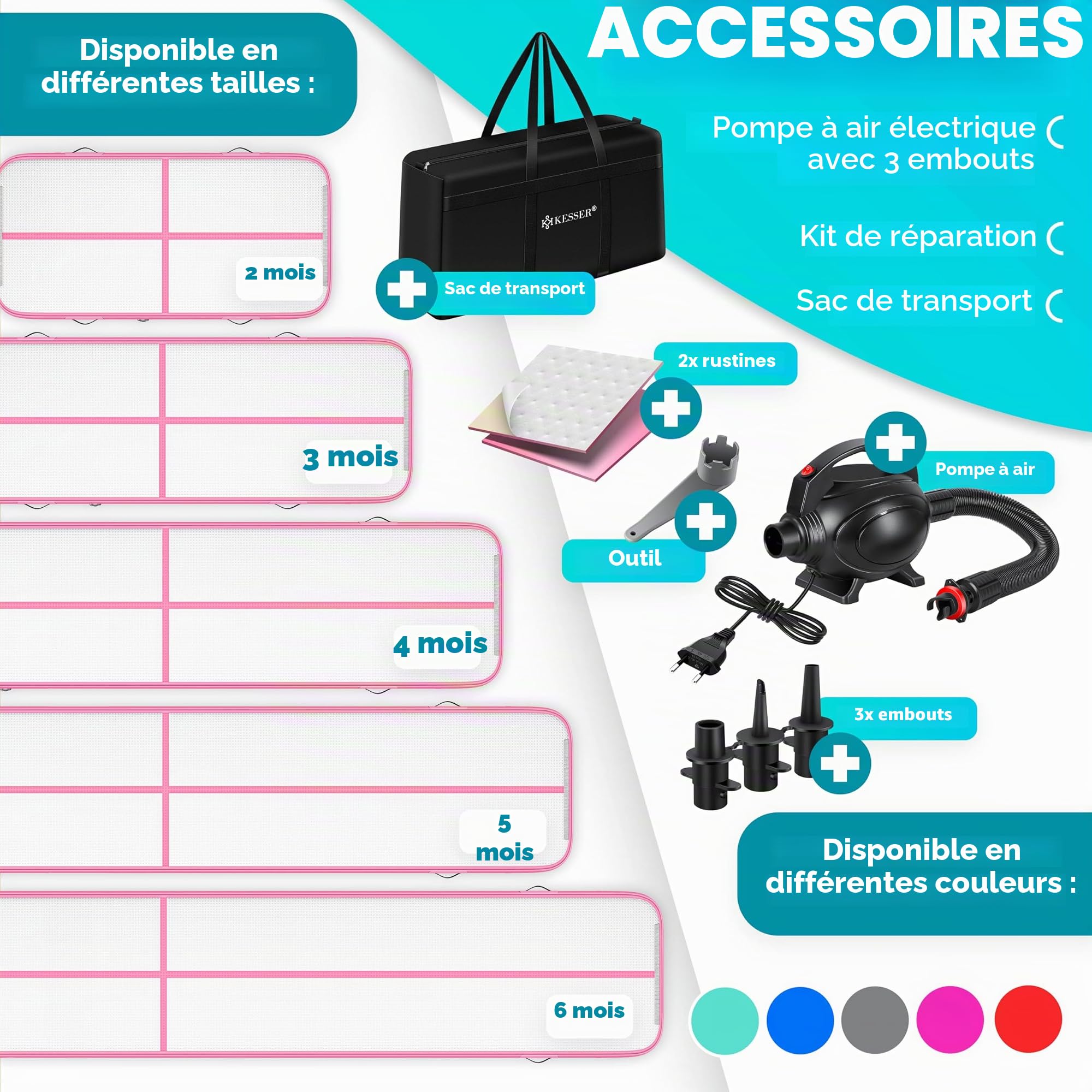 KESSER® Tapis de Gymnastique | Tapis de Fitness Gonflable Airtrack | Tapis de Gymnastique 3/4/5/6 m | Sac de Transport et Batterie électrique