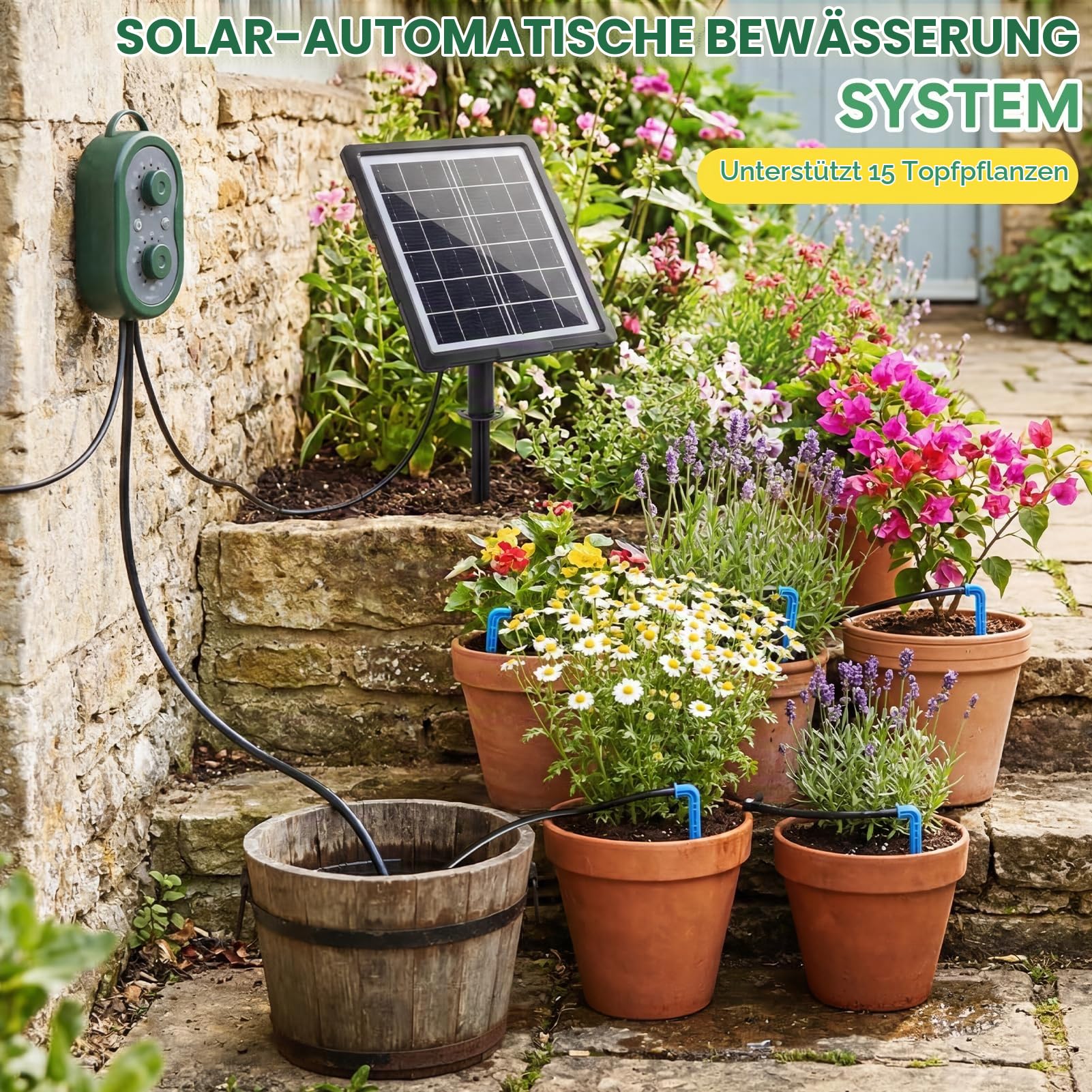 Solar Bewässerungssystem Automatische Set, Solar Automatische Bewässerungssystem Garten mit Timer und 15 Tropfer DIY BewäSserung Modi für Topfpflanzen, Garten, Balkon Pflanzen, Gewächshaus
