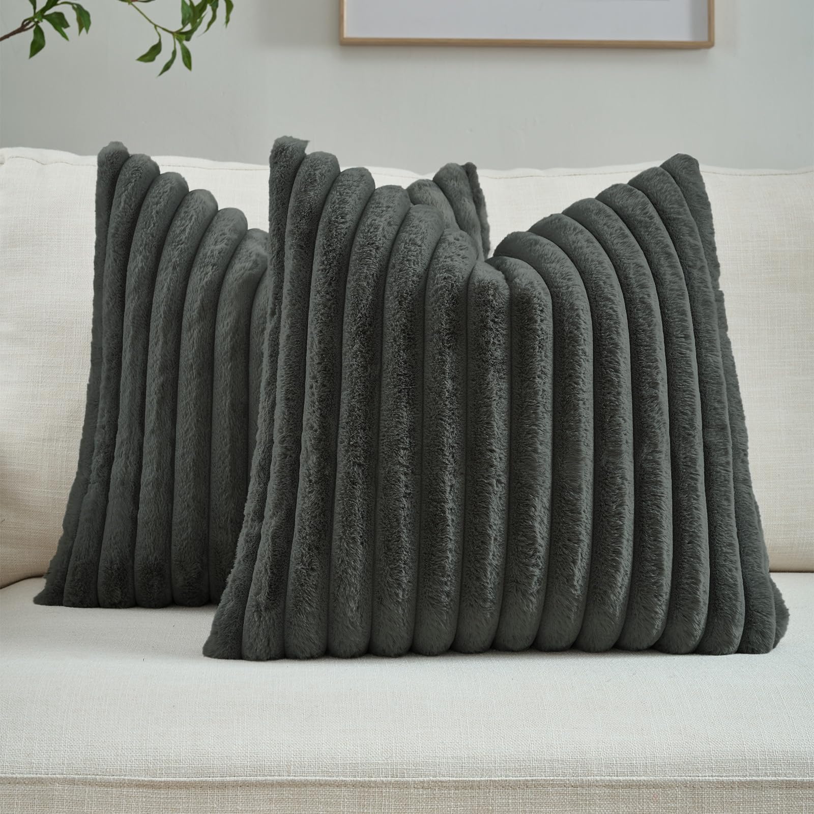 FUTEI Set of 2 Fluffy Faux Fur 65x65 cm Cushion Covers Soft Plush Striped Textured Scatter Euro Pillow Shams 65 x 65 cm Modern Accent for Sofa Bedroom Living Room, Dark Grey