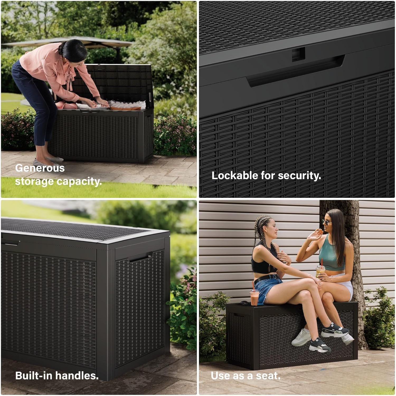 Outdoor Storage Box, 320 Gallon Lockable Resin Deck Box Large Waterproof, Patio Storage Bin for Furniture Cushion, Garden Tools and Pool Accessories, UV-Resistant Bench for Outside, Black