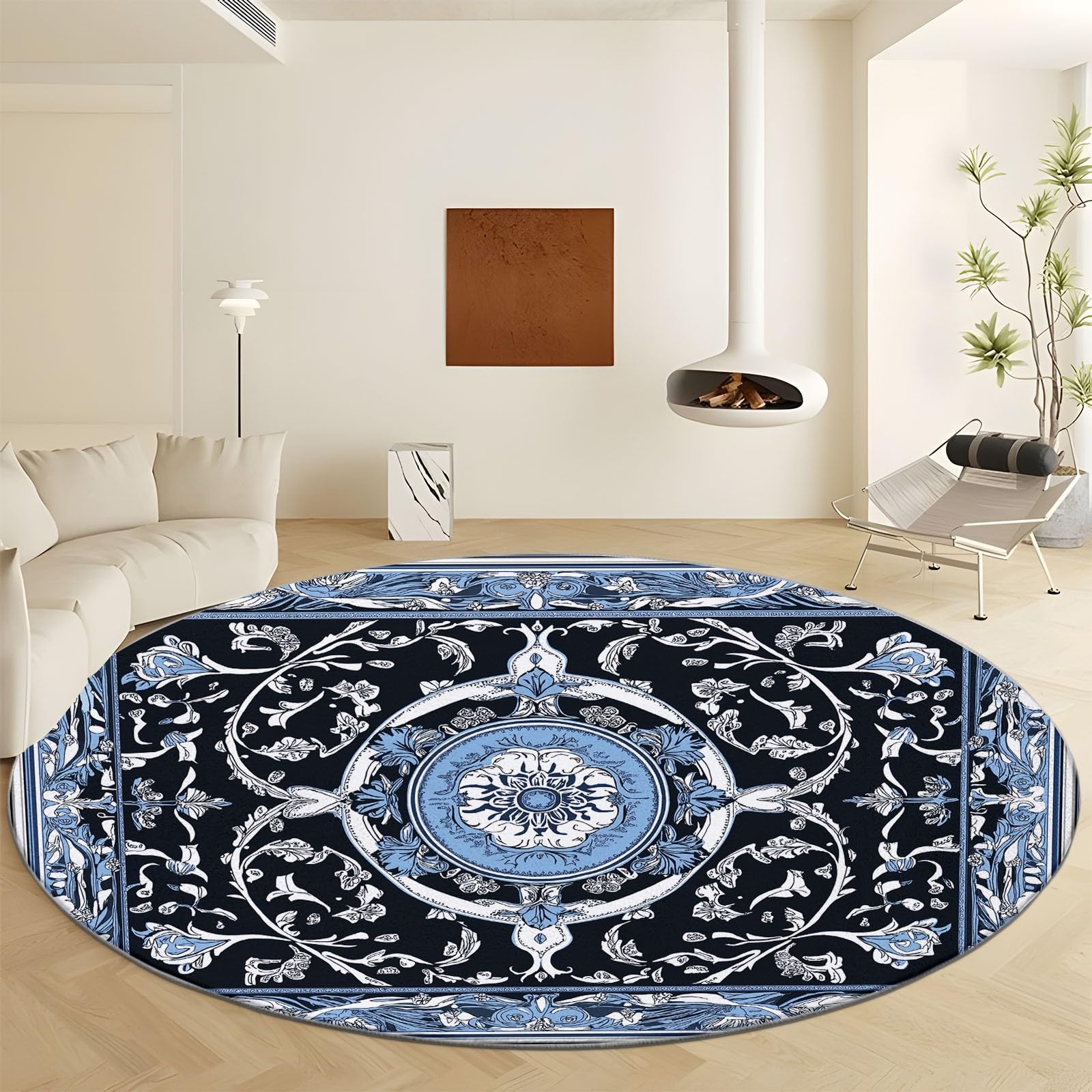 Tapis Ronds Lavables 180 Cm, Motif Traditionnel Tapis Rond Antidérapant Pour Salon, Motif Vintage Rugs Rond à Poils Courts Doux Pour Sous Table à Manger