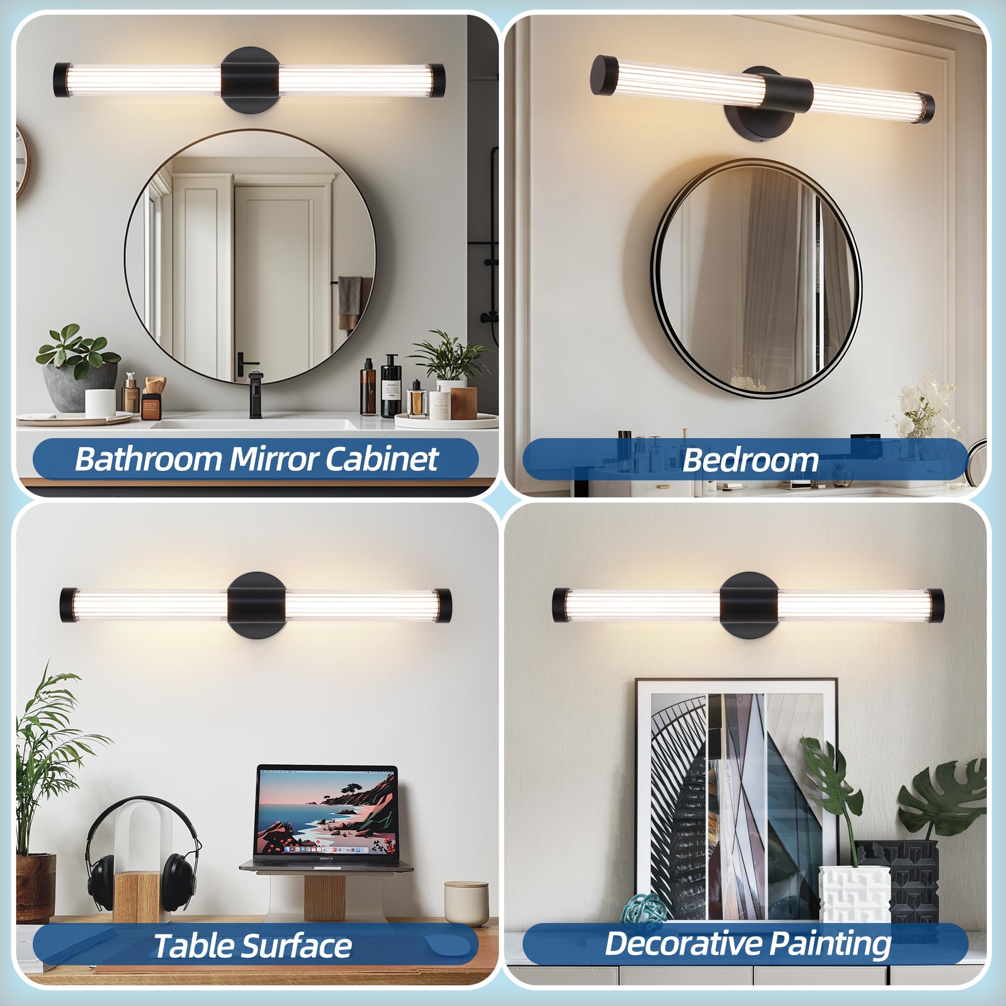 MantoLite Spiegelleuchte Bad Spiegellampe - 60cm Badlampe Wand Mattschwarz | Badlampe Wand IP44 Spiegellampe Badezimmer 360°Modern Innen Wandlampe 12W 3CCT Einstellbar 3CCT Badleuchte Bilderlampe