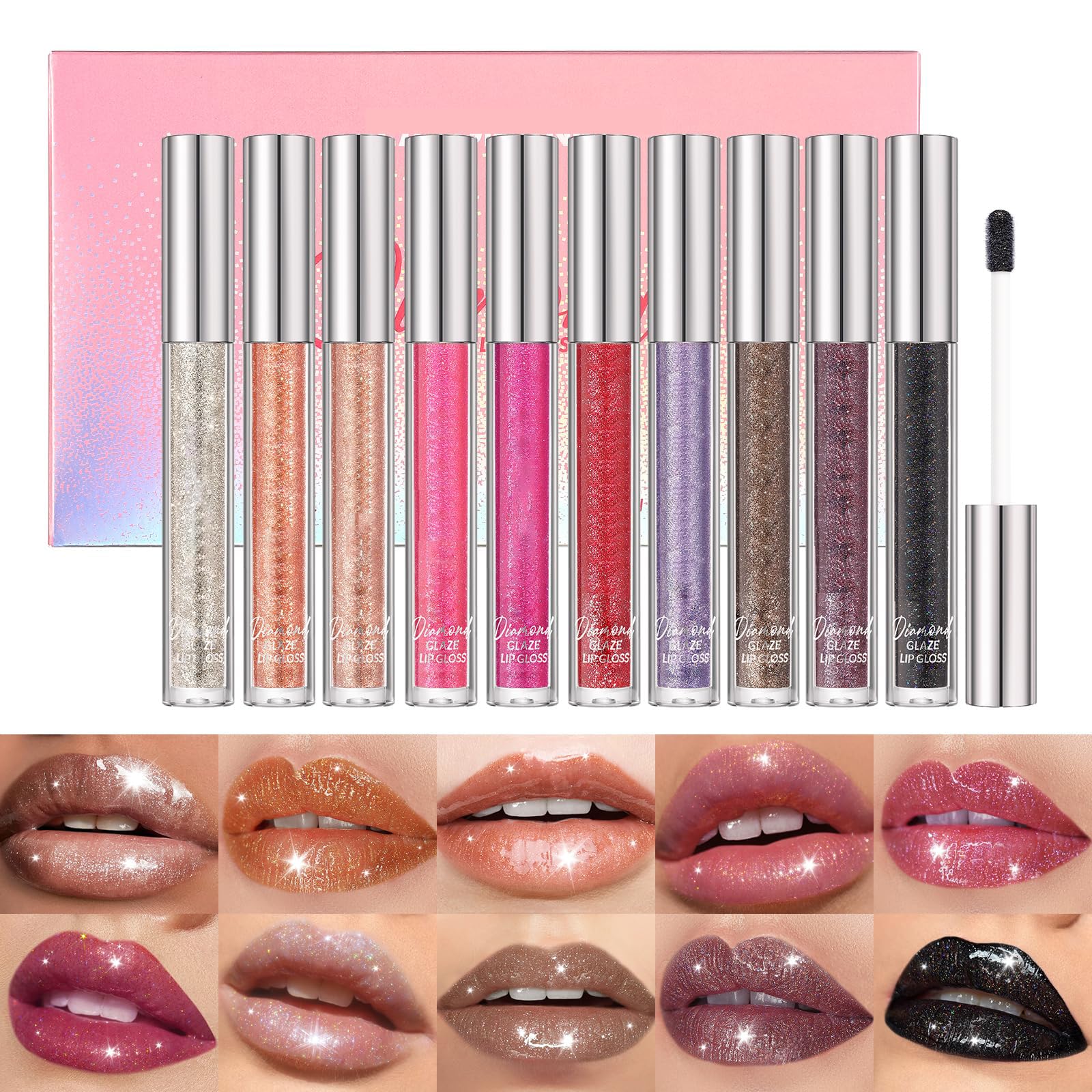10 Colors Diamond Glitter Lip Gloss Set, Long Lasting High Shine Shimmer Liquid Lipstick Set, Hydrating,Moisturizing Lip Gloss Kit Gift Makeup For Girls, Highly Pigment Nude Super Stay Soft