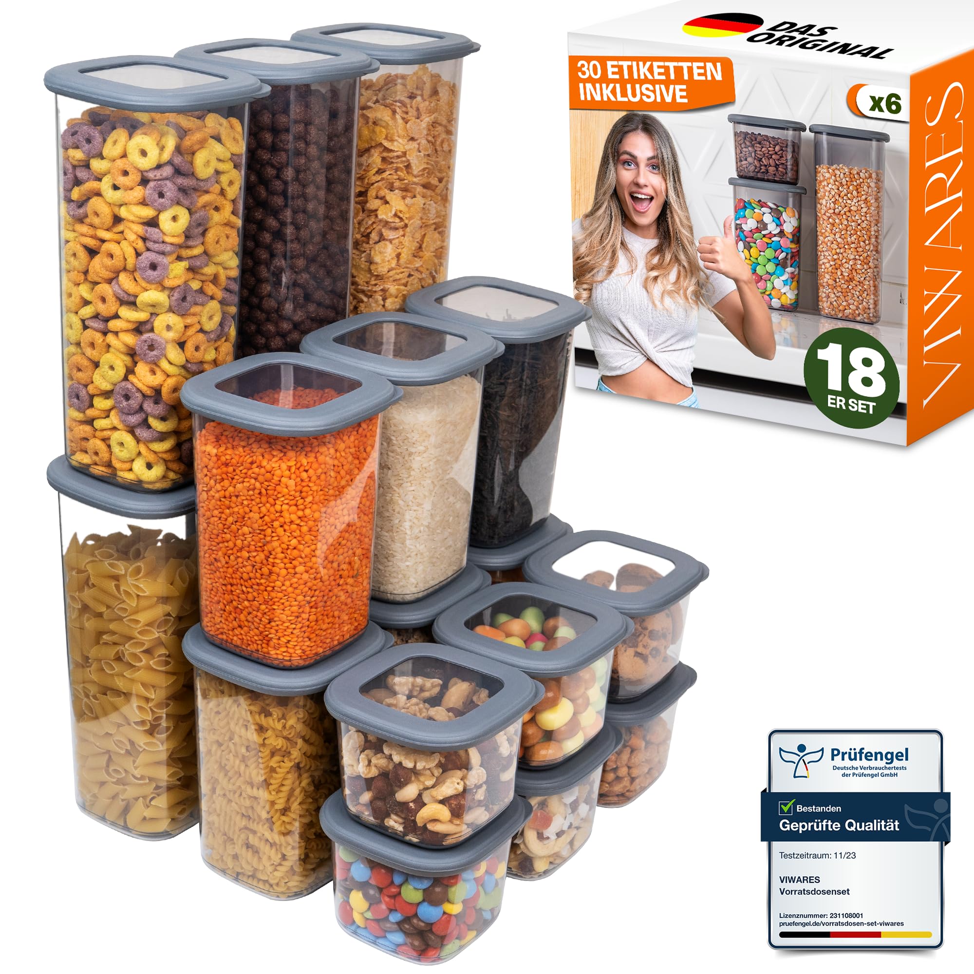 Viwares Tarros con tapa herméticos, juego de 18 recipientes de almacenamiento sin BPA, para cereales, harina, cocina, práctico organizador de cocina, recipientes para almacenamiento de alimentos