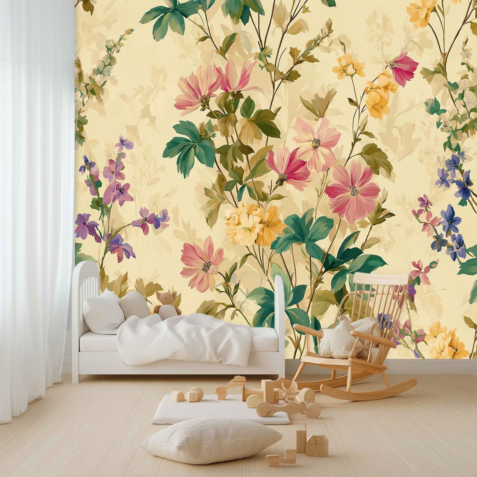 350 x 256 cm, fototapeta z włókniny, efekt 3D, retro, kwiatowa, elegancka fototapeta do salonu, sypialni, tapeta ścienna, kremowa