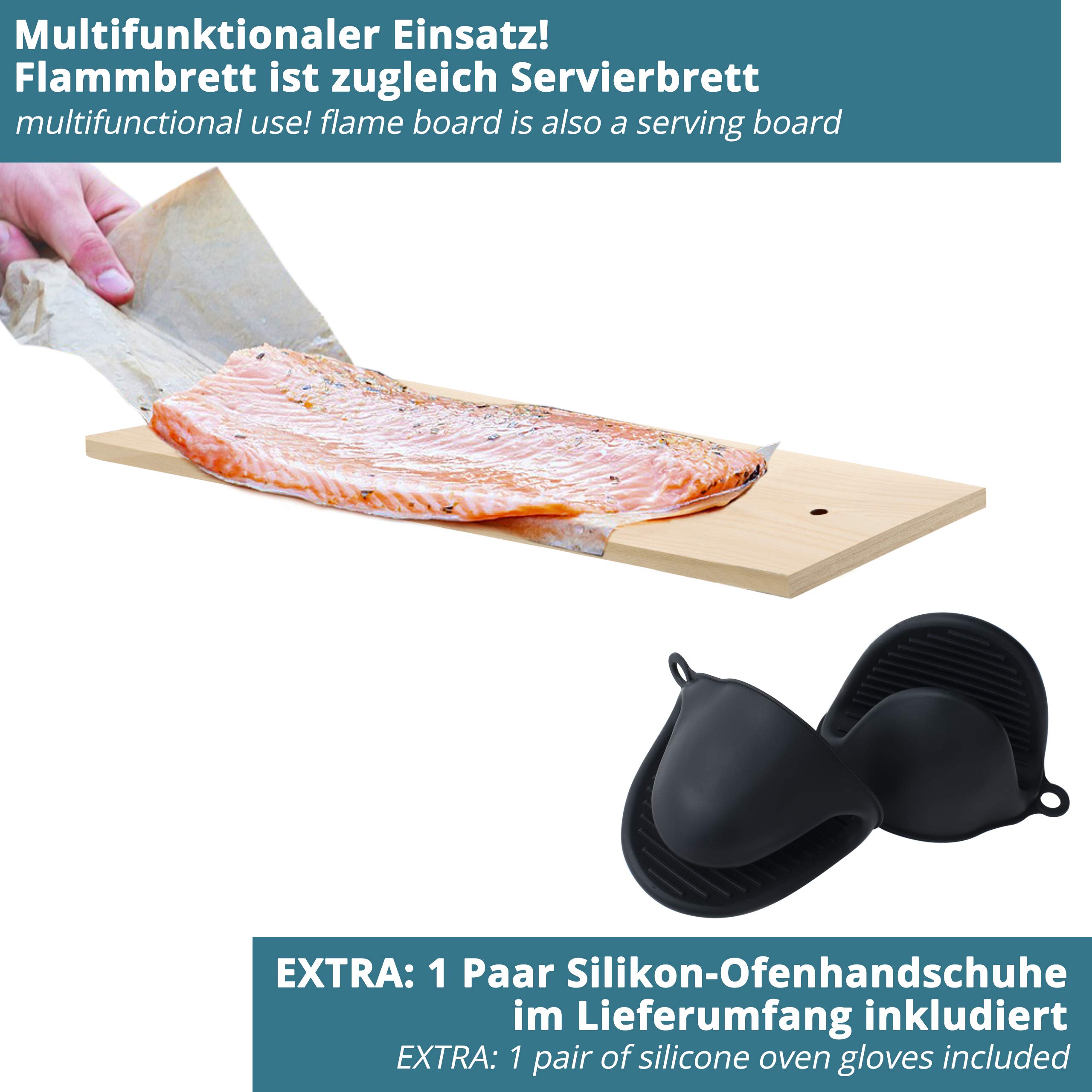 Flammlachsbrett Aus Birkenholz Zum Räuchern Und Grillen Mit Neigbarer Edelstahl-Halterung +Plus: Silikon-Handschuhe