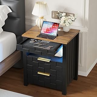 Nightstand with Gun Drawer, Bedside Table with Charging Station and 2 Drawers, Smart Side Table with 3-Color Human Sensor LED Lights for Bedroom, Black