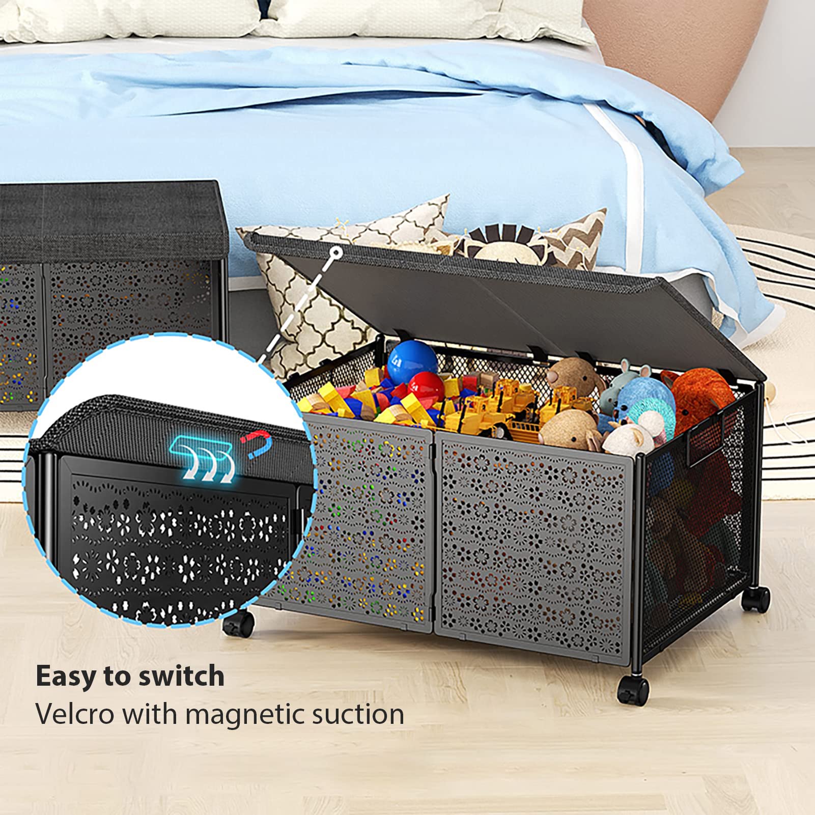 Caja de Almacenamiento de Juguetes con Ruedas y Tapas, Baúl de Juguetes Plegable de Metal Resistente para Almacenamiento de Animales de Peluche, Cesta de Almacenamiento de