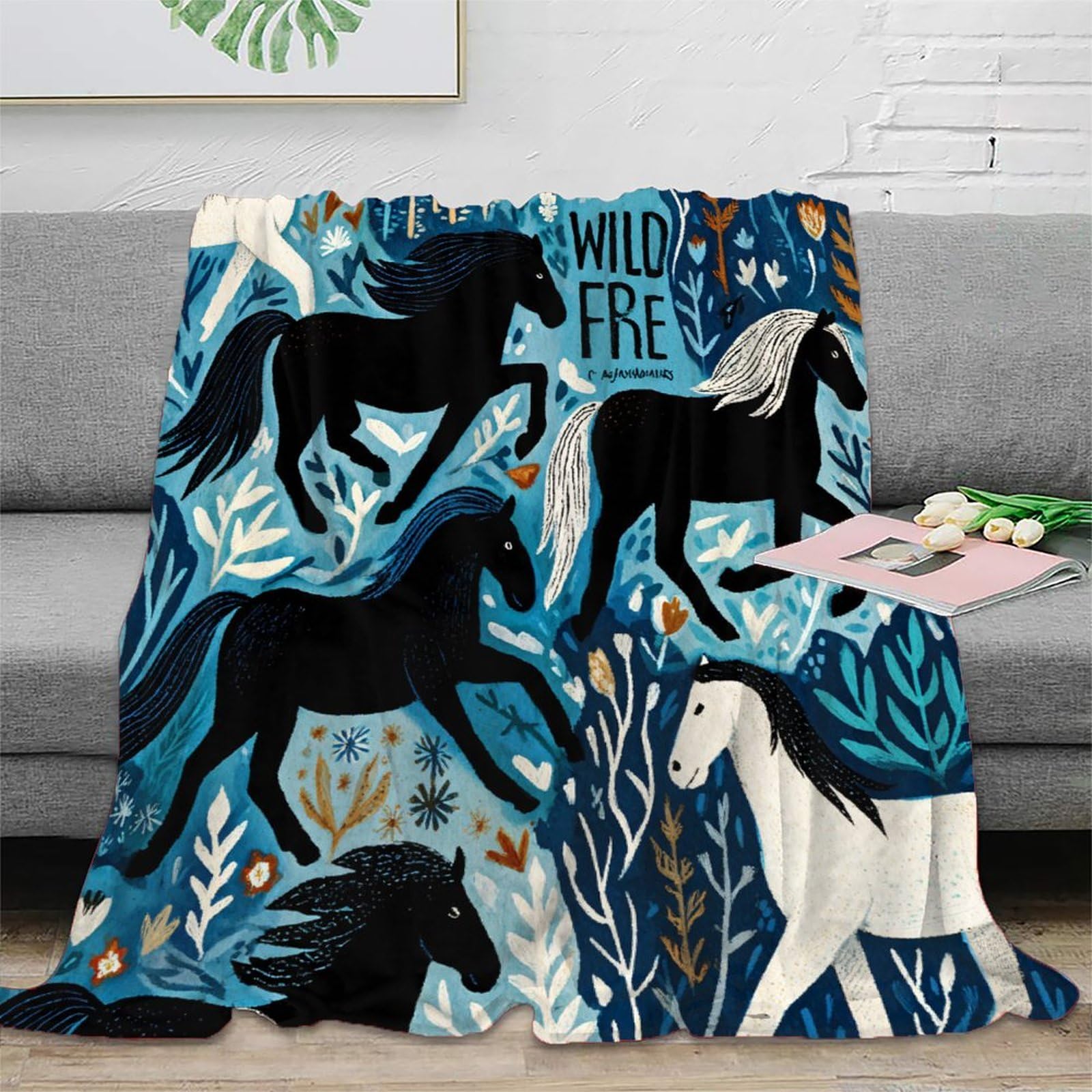Couverture moelleuse chevaux nature illustration microfibre 150x200cm pour chambre et salon