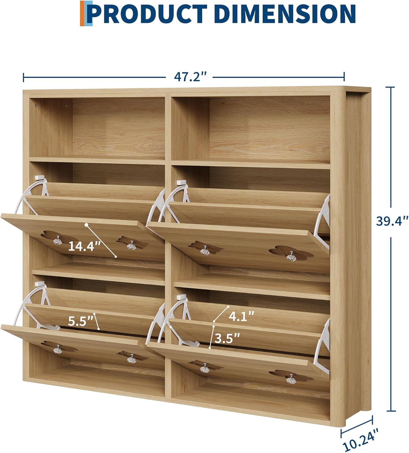 Shoe Cabinet with 4 Flip Drawers, Shoe Storage Cabinet with Adjustable Shelves & Open Storage, Flower Pattern & Diamond Handle, Freestanding Slim Wooden Shoe Rack Cabinet for Entryway, Hallway (Oak)