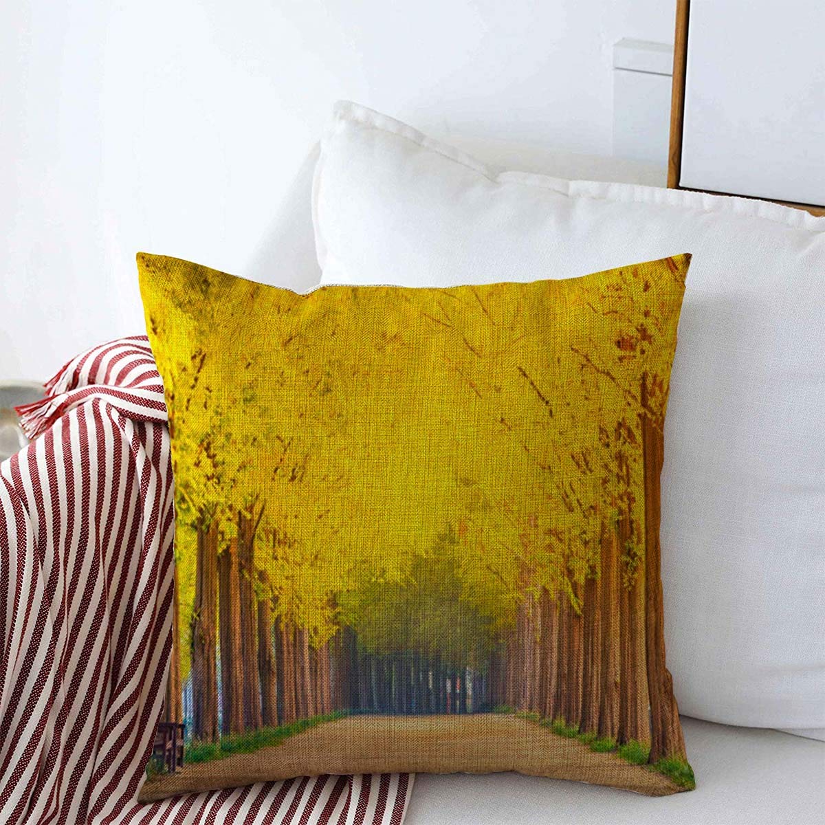 Starogs Throw Pillow Covers 20" x 20" Tranquil Korea Romantic Walkway Among Tree Tunnel Amazing Parks Autumn South Winter Asia Busan Design Cushion Cotton Linen Case for Fall Home Decorative
