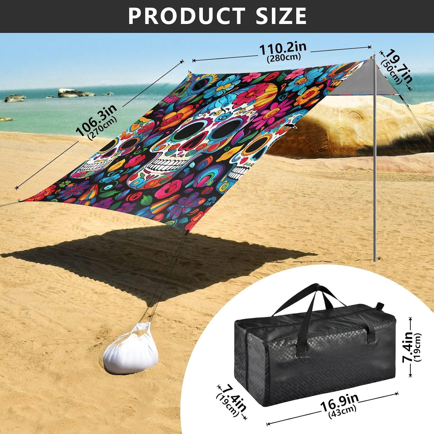 ALAZA Sugar Skull Day of Dead Beach Tent Sun Shelter UPF50+ Protection Beach Shade Canopy w/ 4 Sandbags for Outdoor Camping, Fishing, Backyard Fun, Picnic, 10x9 ft