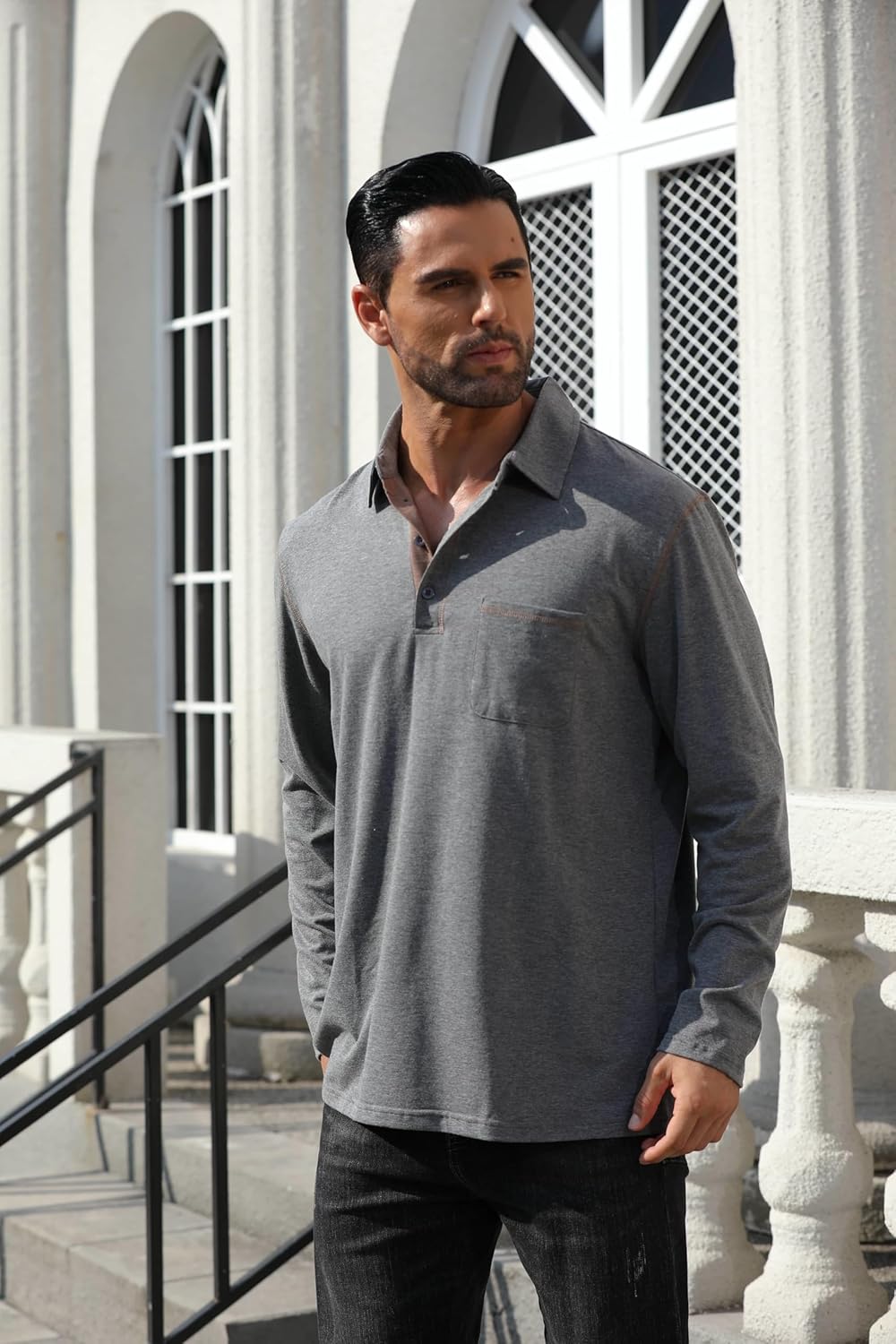 Men's Casual Polo Shirts Classic Long Sleeve Basic Button T-Shirt Lightweight Cotton Golf Tops with Pocket - Image 3