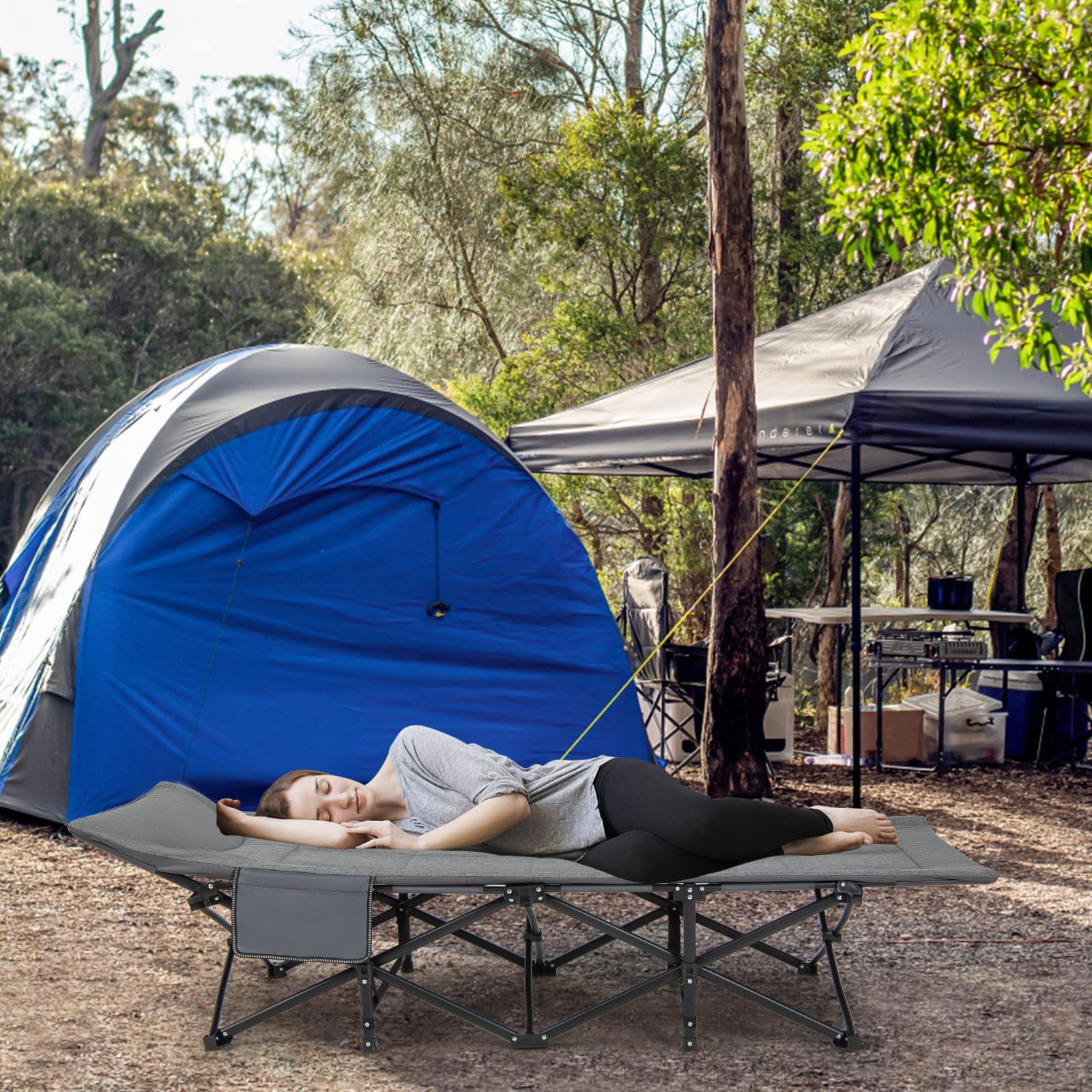 KOMFOTTEU Brandina Campeggio con Borsa Portaoggetti, in Tessuto Oxford e Metallo, Lettino da Campeggio Pieghevole 190x68x48,5 cm, Letto da Campo XL Portabile, Antiscivolo, Portato 200 kg