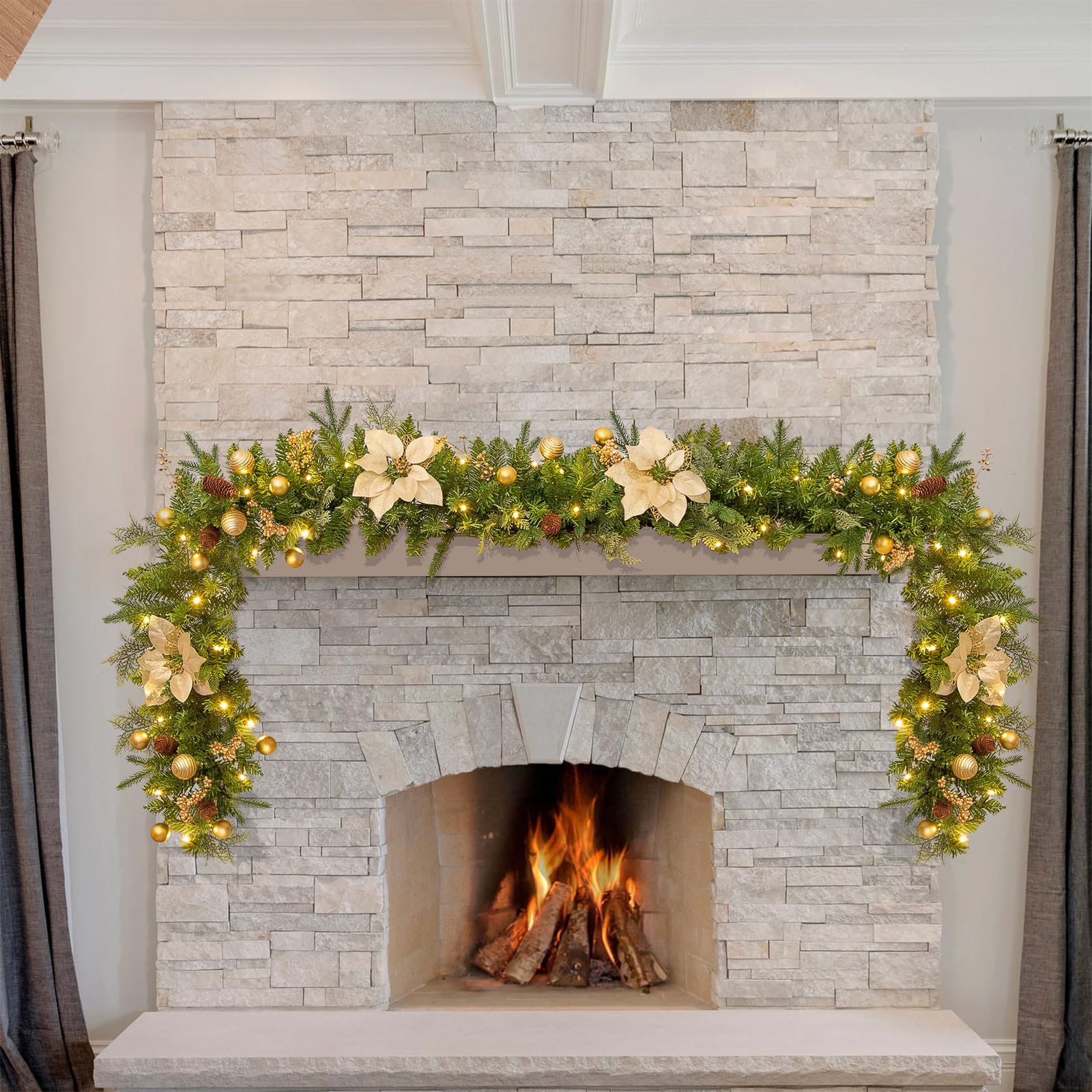 ENVEN Guirnalda de Navidad de 9 pies preiluminada con 50 luces LED, decoración artificial para escaleras, manto, puerta, guirnalda interior y exterior con temporizador que funciona con pilas (flor de
