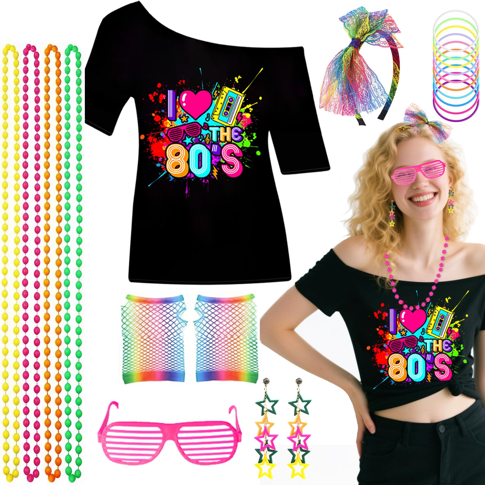 19Pcs 80s T-Shirt Set for Women, 1980s Retro Fancy Dress Accessories with Top Fishnet Gloves Earrings Headband Shutter Glasses Bracelet Necklace for Girls Costume Outfit Hen Do Party (Rainbow, 2XL)