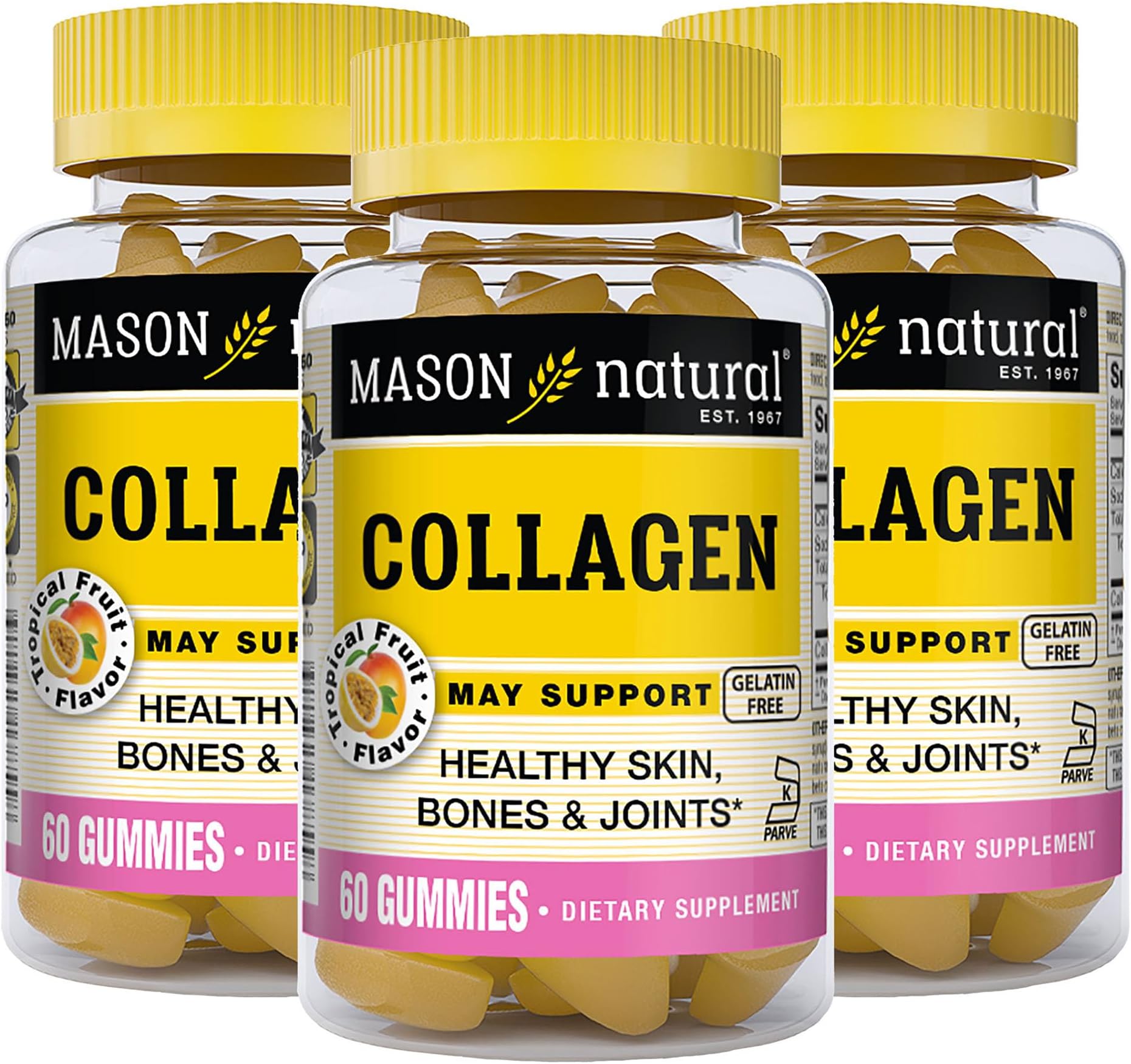 MASON NATURAL Collagen Gummies - Supports Healthy Skin, Bones and Joints, Tropical Flavor, Kosher, 60 Gummies (Pack of 3)