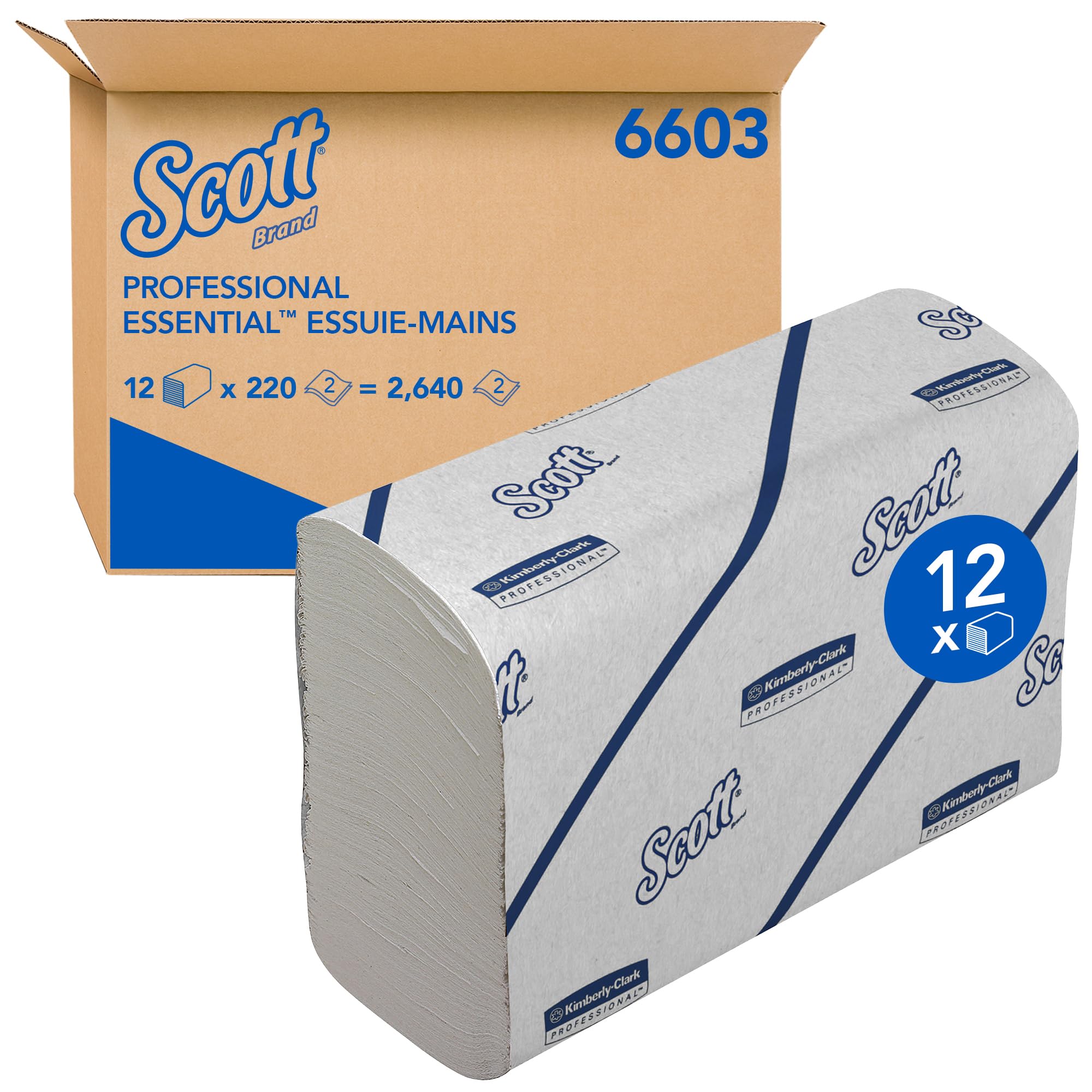 Essuie-mains Scott® EssentialTM 6603 – pliés, enchevêtrés en V, 2 Épaisseurs, Blancs, Absorbants & Écoresponsables – 12 Paquets x 220 Feuilles (2 640 au Total)