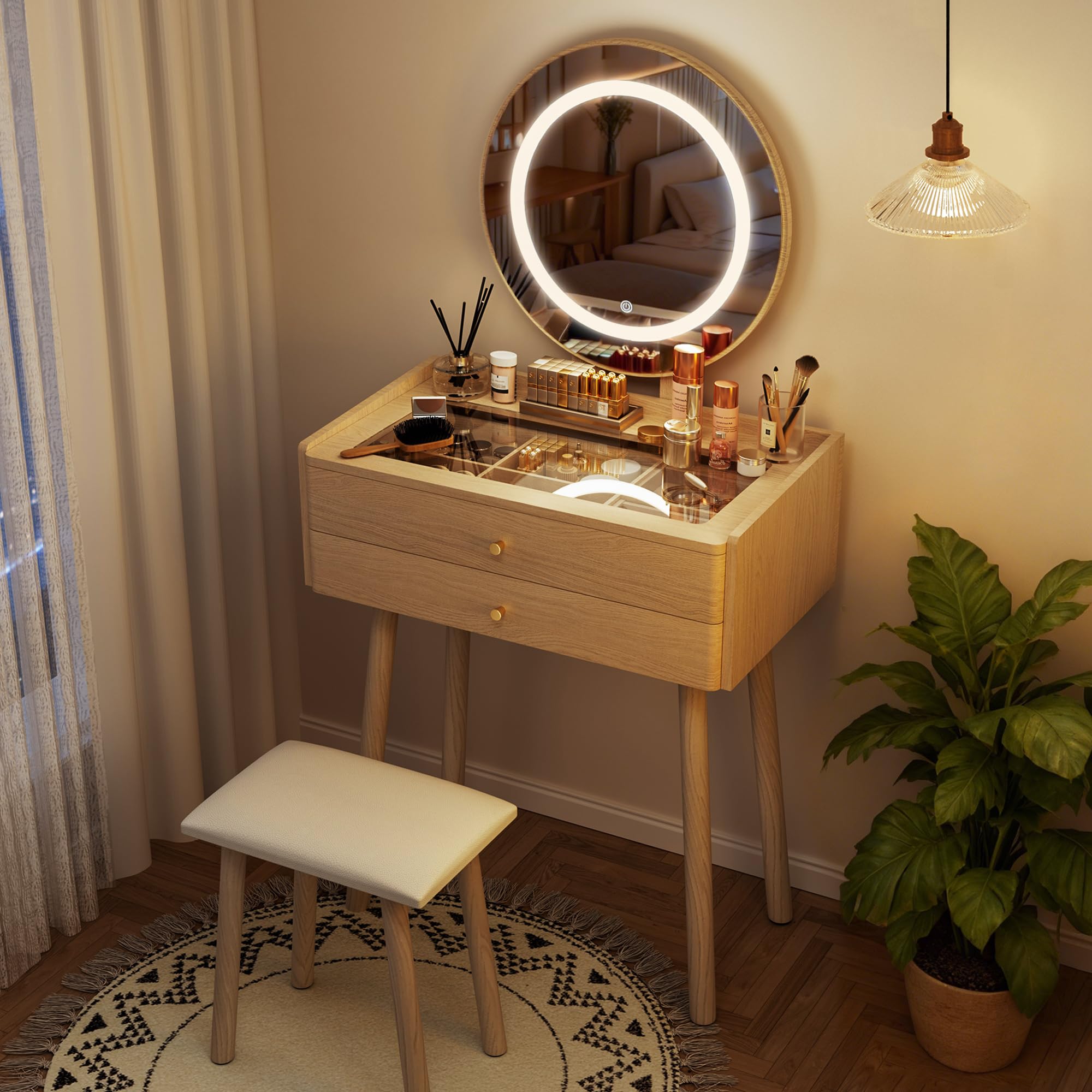 Pamapic Schminktisch, Schminktisch mit Verstellbarem LED Beleuchtung & Gepolstertem Hocker, Frisiertisch mit Sichtglasplatte Für Das Schlafzimmer, Natur