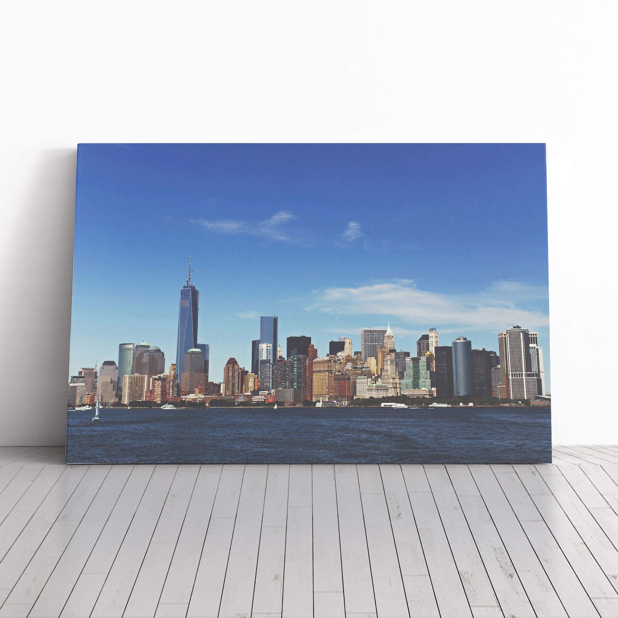 Manhattan New York with Blue Sky Canvas Print | Gallery Wrapped 30mm Frame Wall Art | 24x16 inches | Ready to Hang | Modern Picture | Living Room Bedroom Lounge Office
