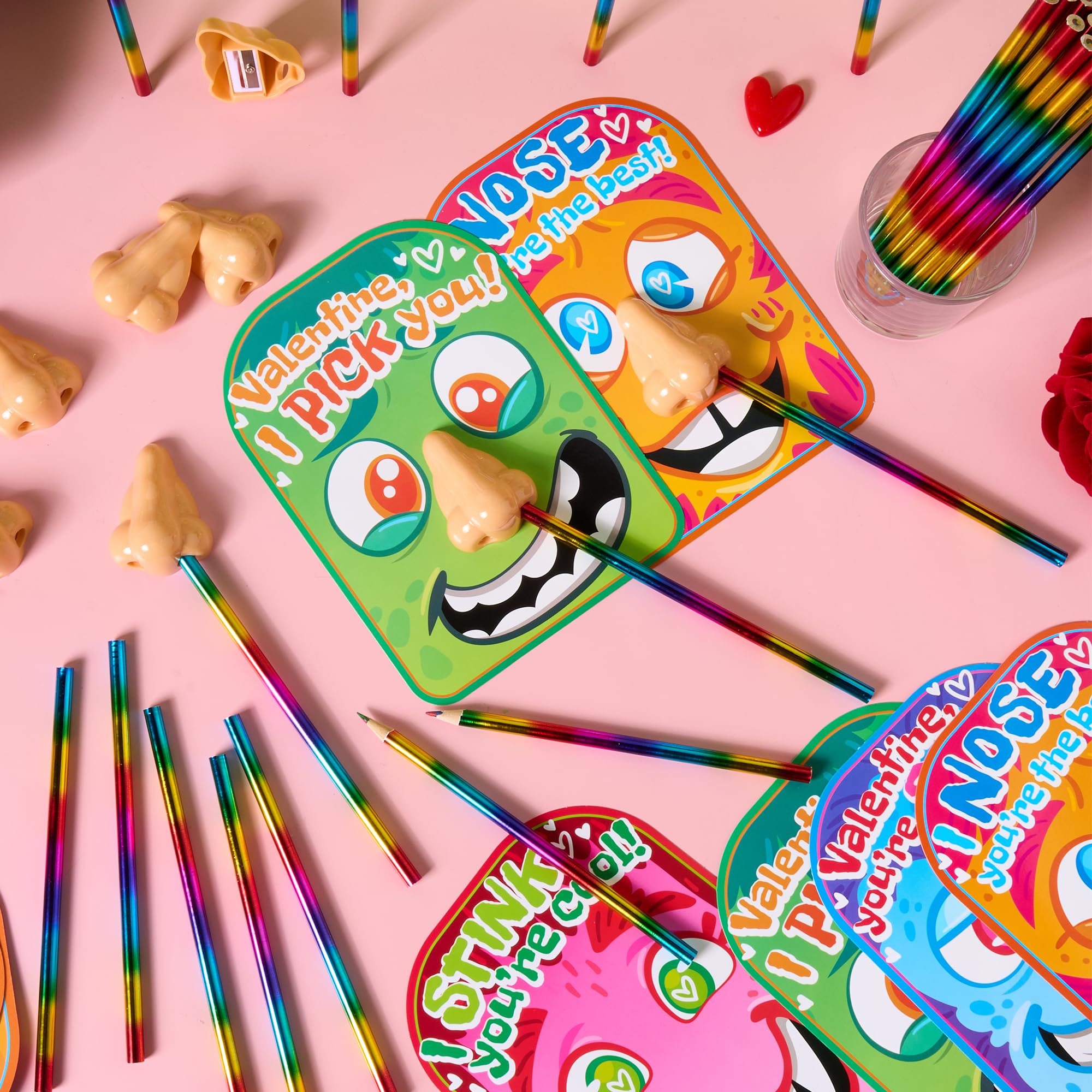 JOYIN 28-teiliges Valentinstags-Schreibwaren-Set für Kinder, lustige Nasenkarten und Bleistifte – perfekt für Valentinstag, Klassenzimmer, Austauschgeschenk für Kinder, Partygeschenk und