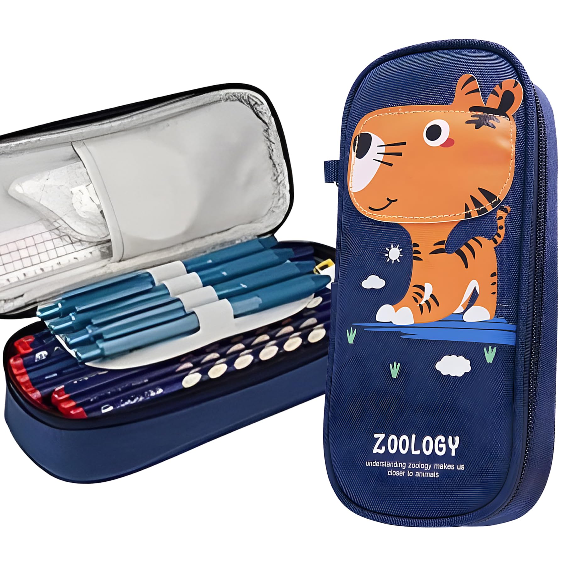 WISHKEY Tiger Theme Pencil Case Stationery Pouch, Large Capacity Pencil Pouch Storage Box, Stylish Zipper Pencil Box with Pen Holder, School Supply Organizer for Students (Pack of 1, Blue) (B0D3YX627Z) Amazon Price History, Amazon Price Tracker