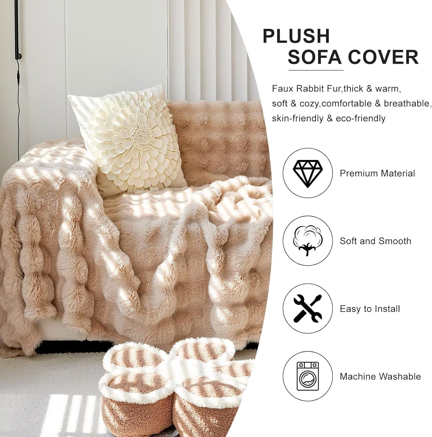 Soft Plush Fluffy Sofa Slipcover 1 Piece,Faux Rabbit Fur 2 Cushion Couch Cover Protector for Dogs,Cats,Kids,Fall Winter Warm Fuzzy Large Sofa Couch Cover Bed Blankets Washable Khaki 71"×118"