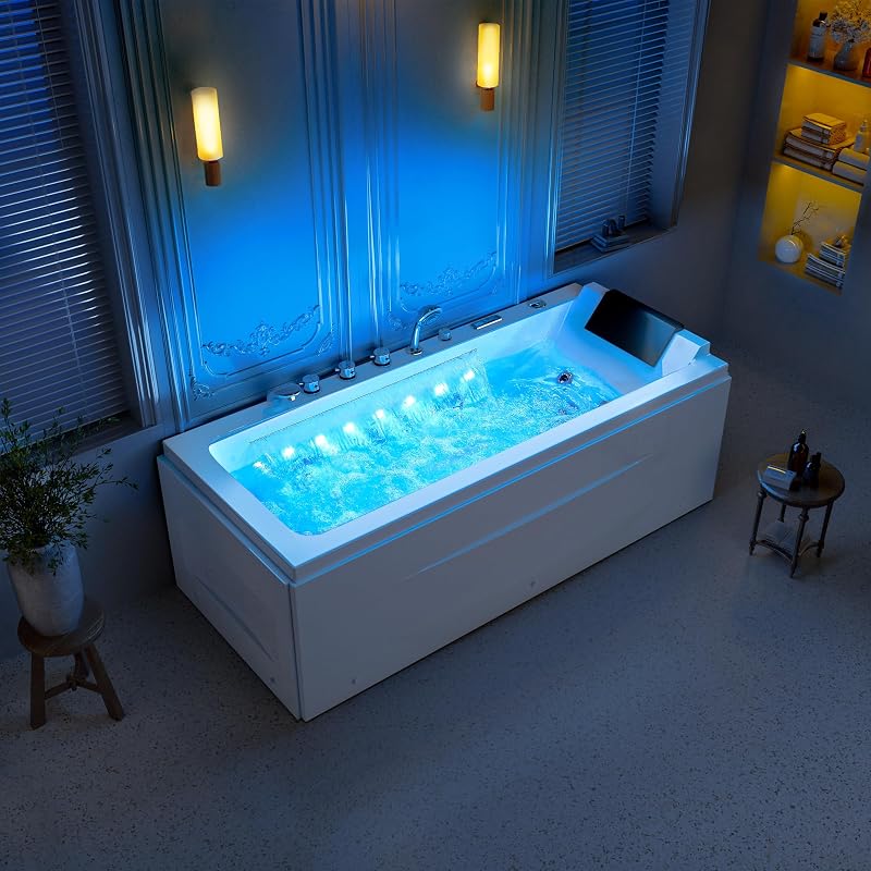 Bañera de hidromasaje Empava, bañera de hidromasaje de 67 pulgadas, hidromasaje con 9 chorros de agua y 8 chorros de aire con cromoterapia, cascada - Panel de control LED, certificación ETL