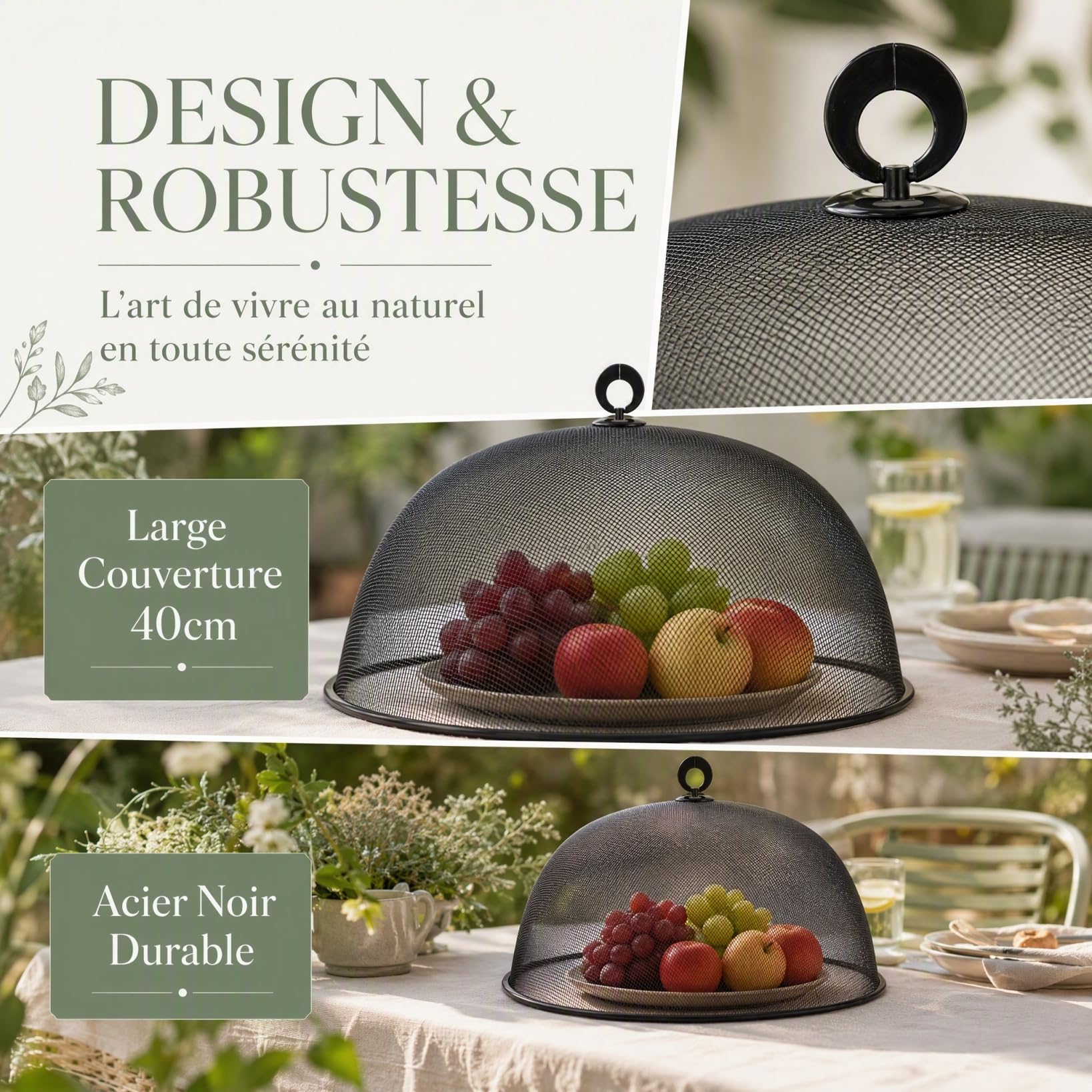 Toyvian - Campana de comida de metal redonda (40 Cm, tapa de malla metálica negra, protección antiinsectos, reutilizable, cocina y comidas al aire libre, tapa de plato versátil