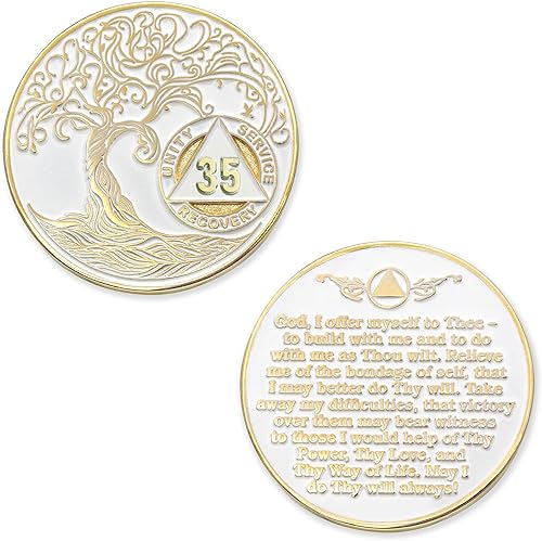 Miniatura 383 de 17 años Sobriety Mint Twisted Tree of Life - Medallón de recuperación AA/NA chapado en oro, fichas y fichas, color blanco
