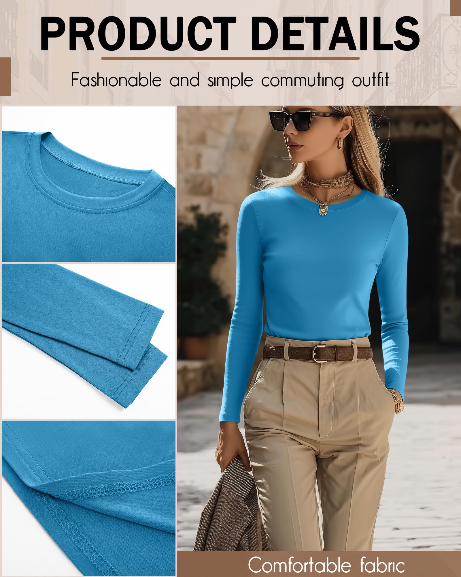 Neer Lot de 4 chemises à manches longues pour femme - Col rond - Coupe ajustée - Extensible et décontracté
