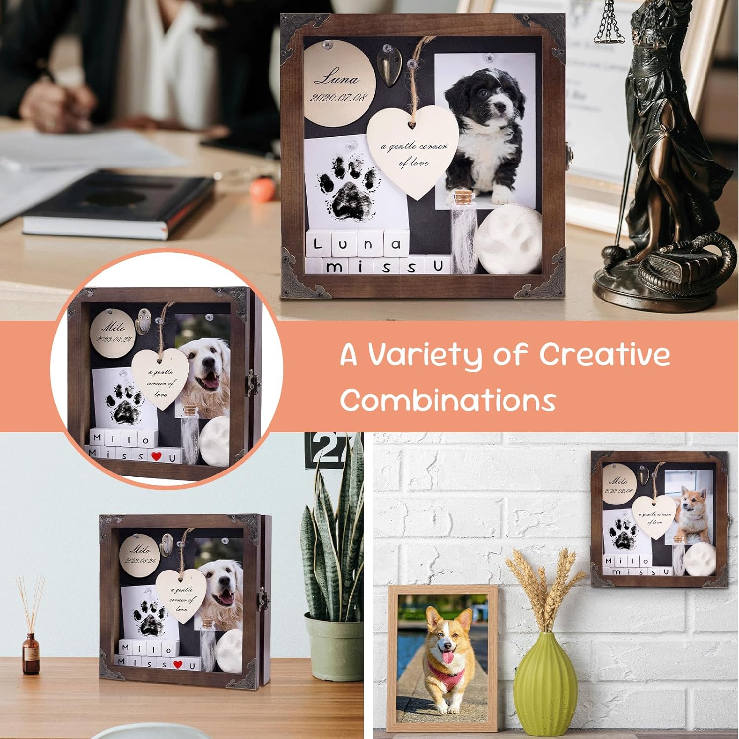 8.6'' Pet Memorial Shadow Box, Customizable Display Case for Dog Cat, Paw Print Hair Preservation, Picture Frame with Paw Print Kit Ashes Fur Jar as Pet Loss Sympathy Gift