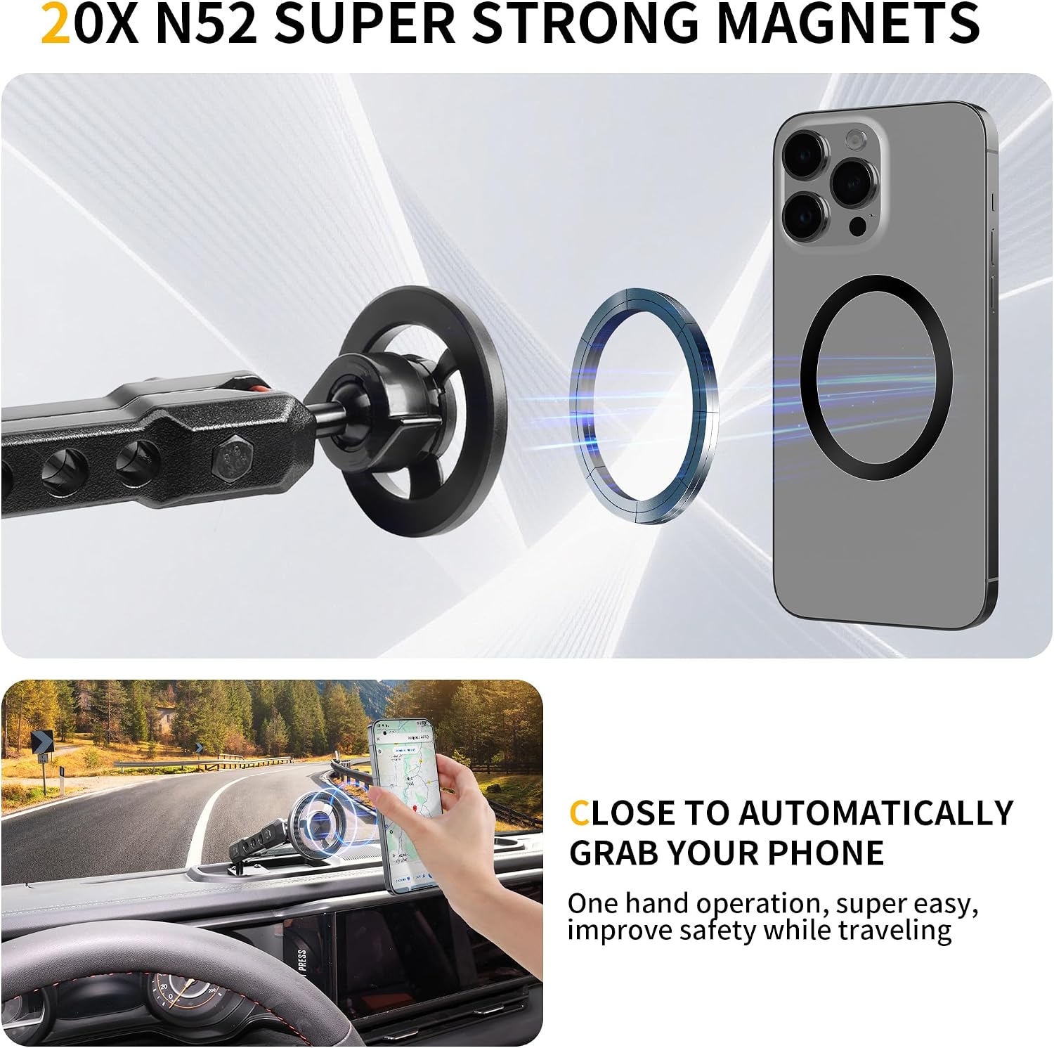 Magnetic Phone Mount Holder for 2018-2023 Jeep Wrangler JL 4XE Gladiator JT, for Magsafe iPhone 12-17 Series Accessories, 360° Adjustable, One-Hand, Off-Road Stable, No Darill Easy to Install image 4