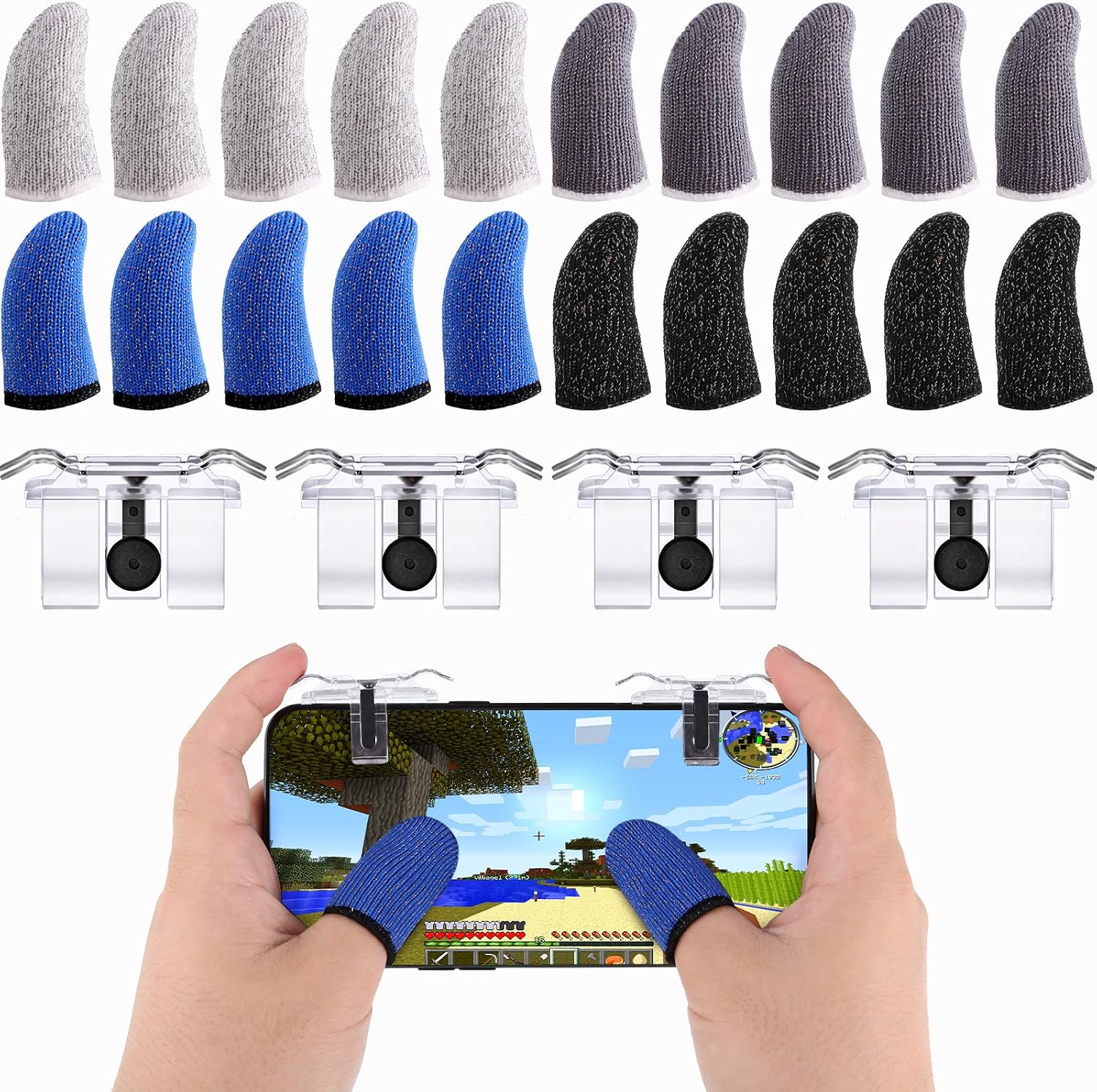 24 Pieces Mobile Gaming Finger Sleeve Touchscreen Finger Sleeve Anti-Sweat Breathable Finger Sleeve and Trigger Aim Button for Playing Mobile Phone Games (Black, Grey, Blue, White)