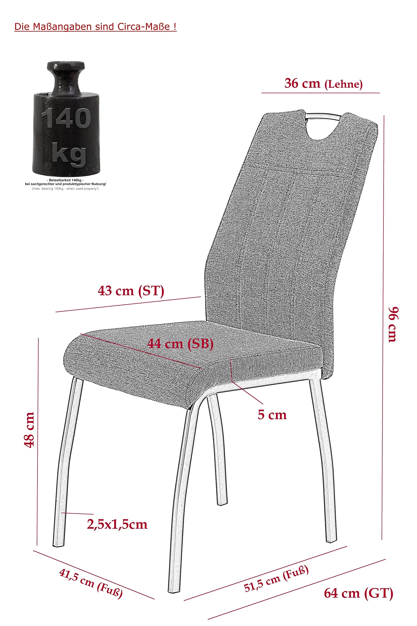 Hela Tische, 2er Set Esszimmerstuhl Küchenstuhl Elif, Stuhl, Webstoff Anthrazit,Metallgestell 4Fuß Grau, Lehne mit Griff, 140kg belastbar