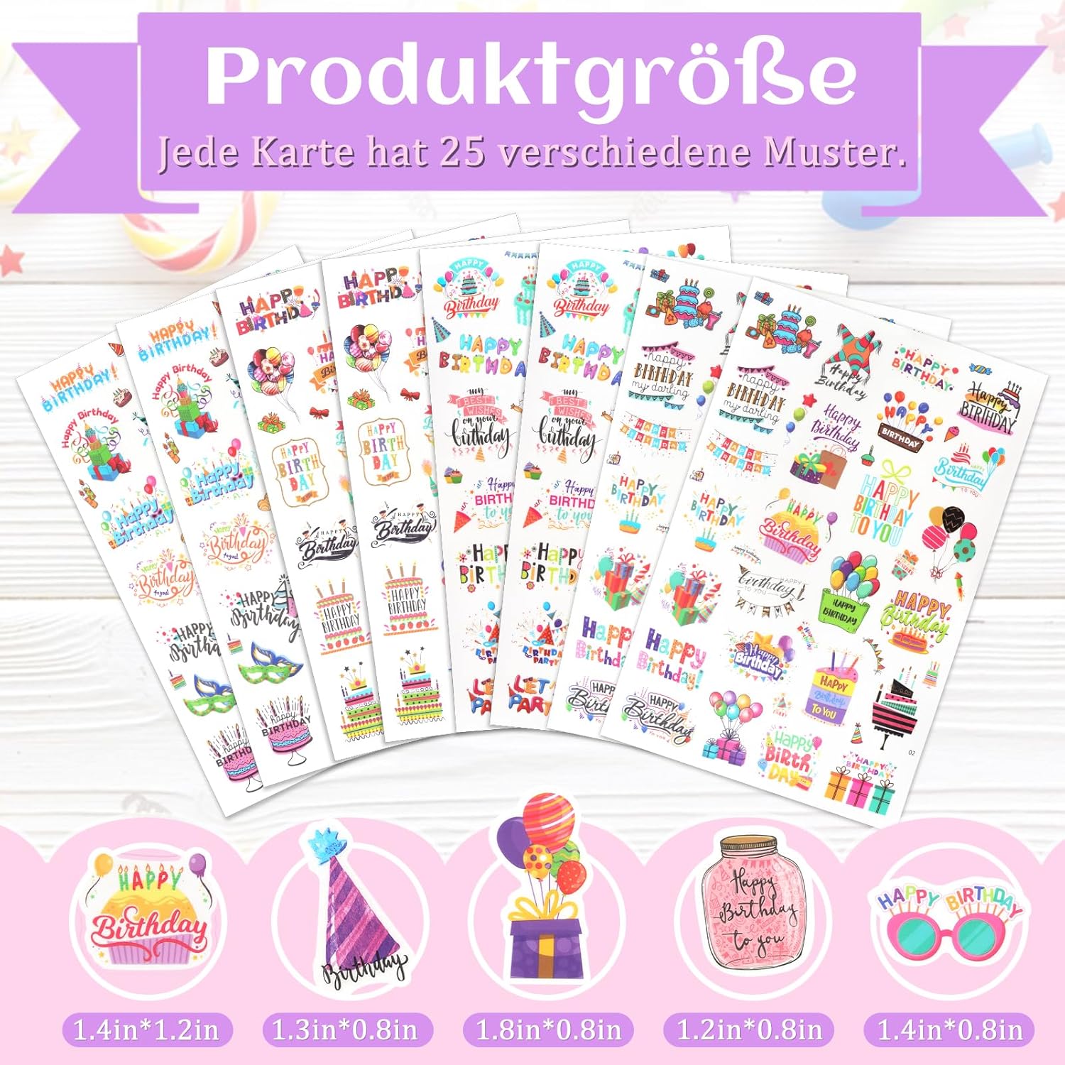 8 Sheets of Stickers Birthday Set (200 Designs), Self-Adhesive Stickers Birthday Transparent Vinyl Birthday Stickers for Birthday Cards Gifts Guest Book Photo Album Scrapbook Party Decoration