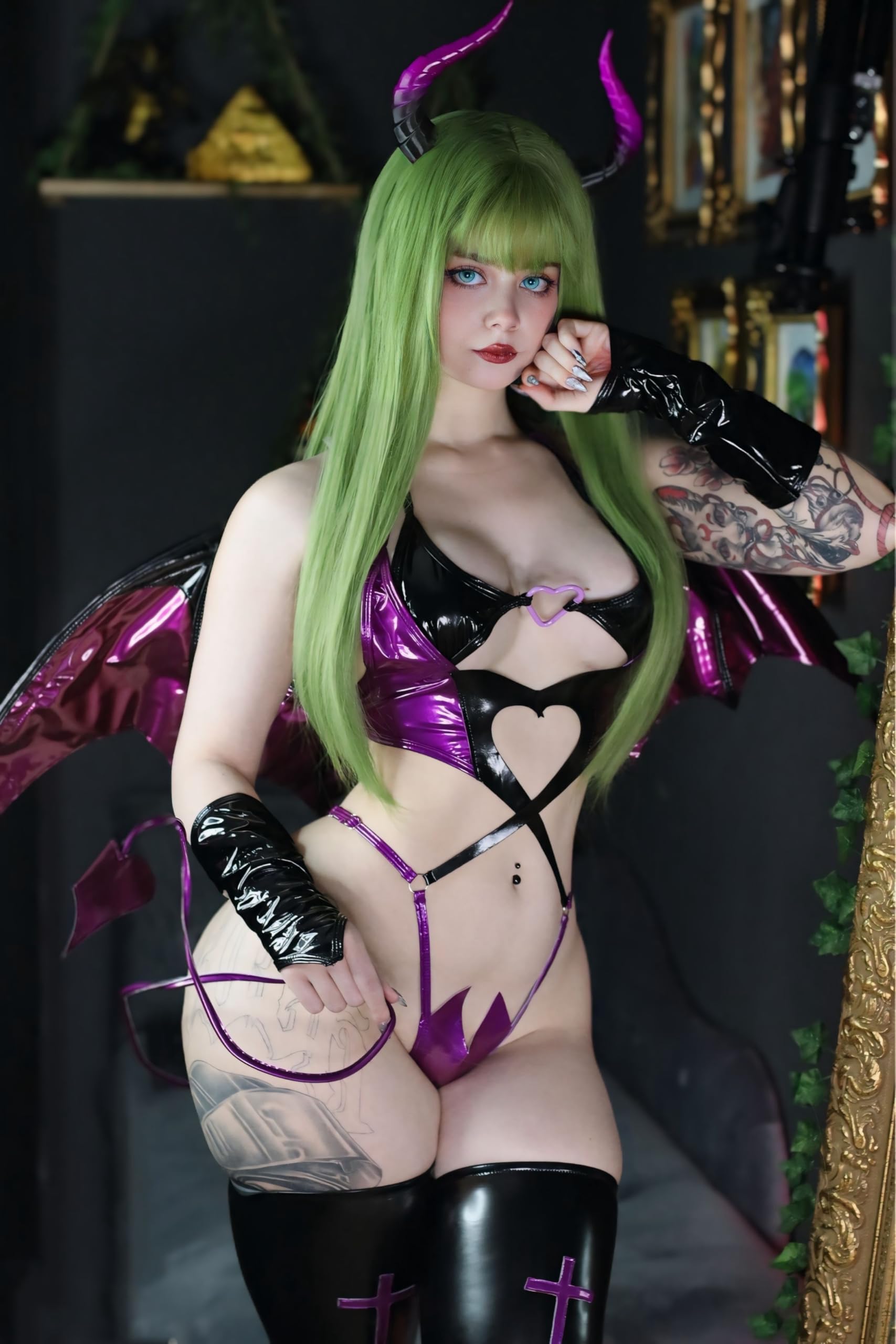 KORURACLUB Succubus Cosplay Damski (Zestaw 6-Częściowy) Anime Cosplay Damska Bielizna z Poliuretanu Seksowny Strój