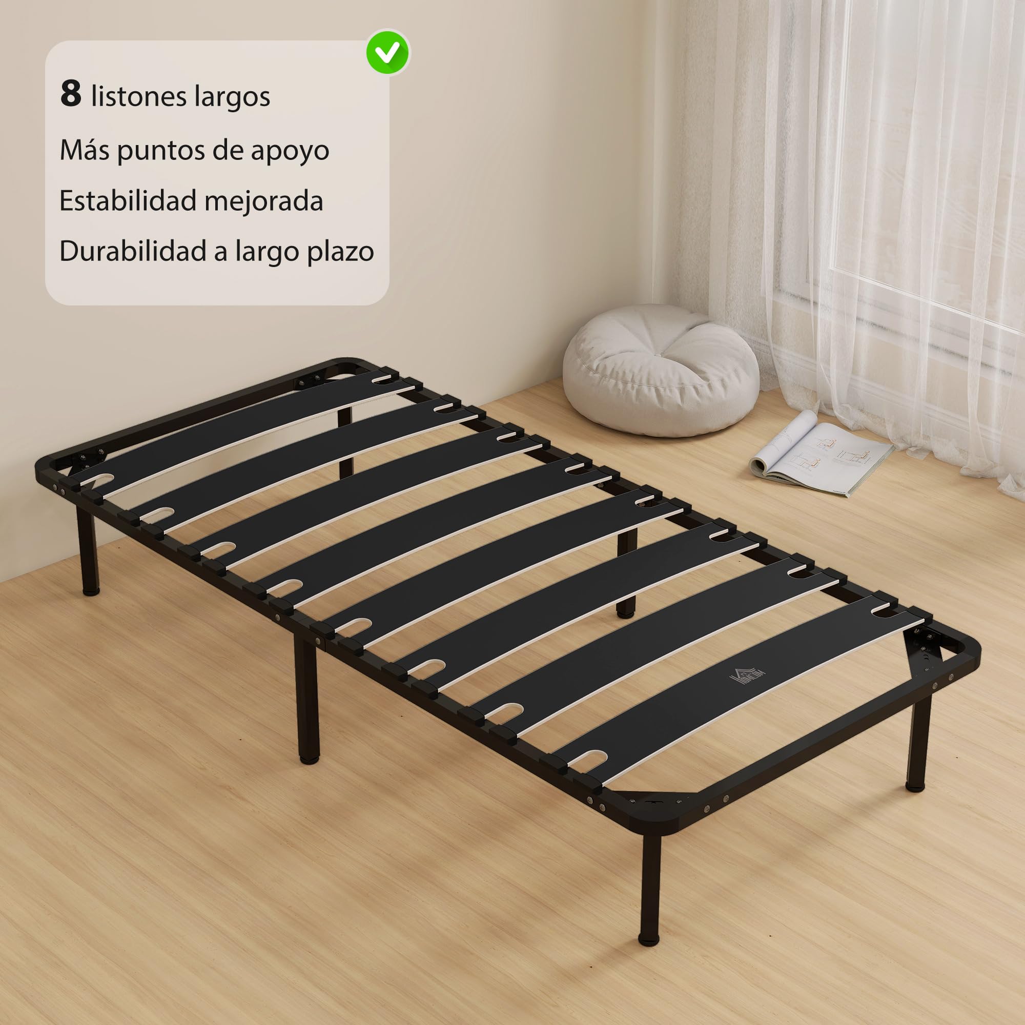 HOMCOM Somier 90x190 cm, Altura 26 cm, Estructura de Cama de Plataforma de Acero con Espacio de Almacenamiento Debajo y Láminas de Álamo, Fácil de Montar, Carga 300 kg, Negro